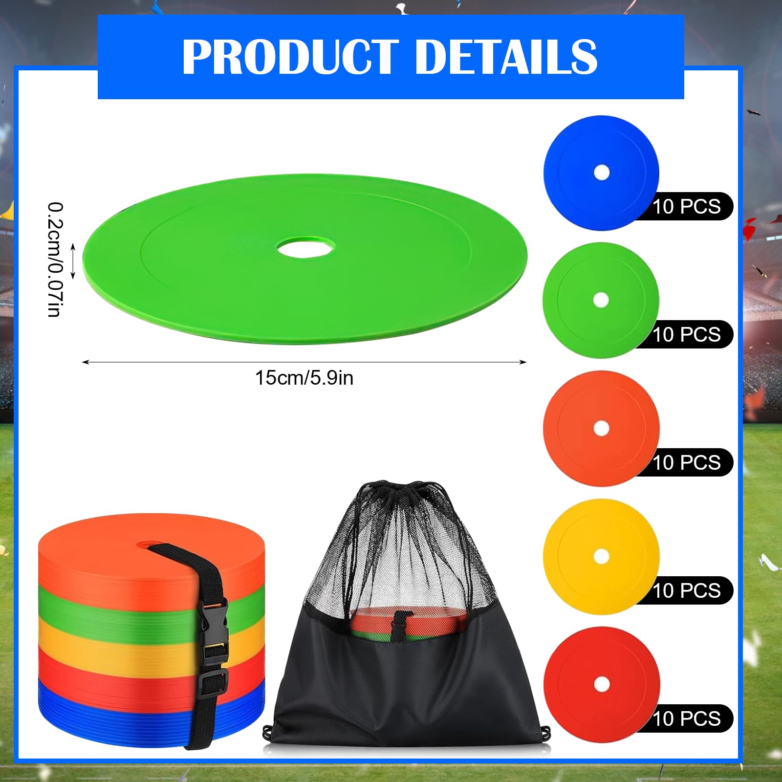 50er Set Markierungsscheiben 15cm, rutschfeste Flache Fußball Hütchen, Bodenmarkierungen Sport Marker Discs mit Tragegurt & Aufbewahrungsbeutel für Agilitätstraining & Schnelligkeit, 5 Farben