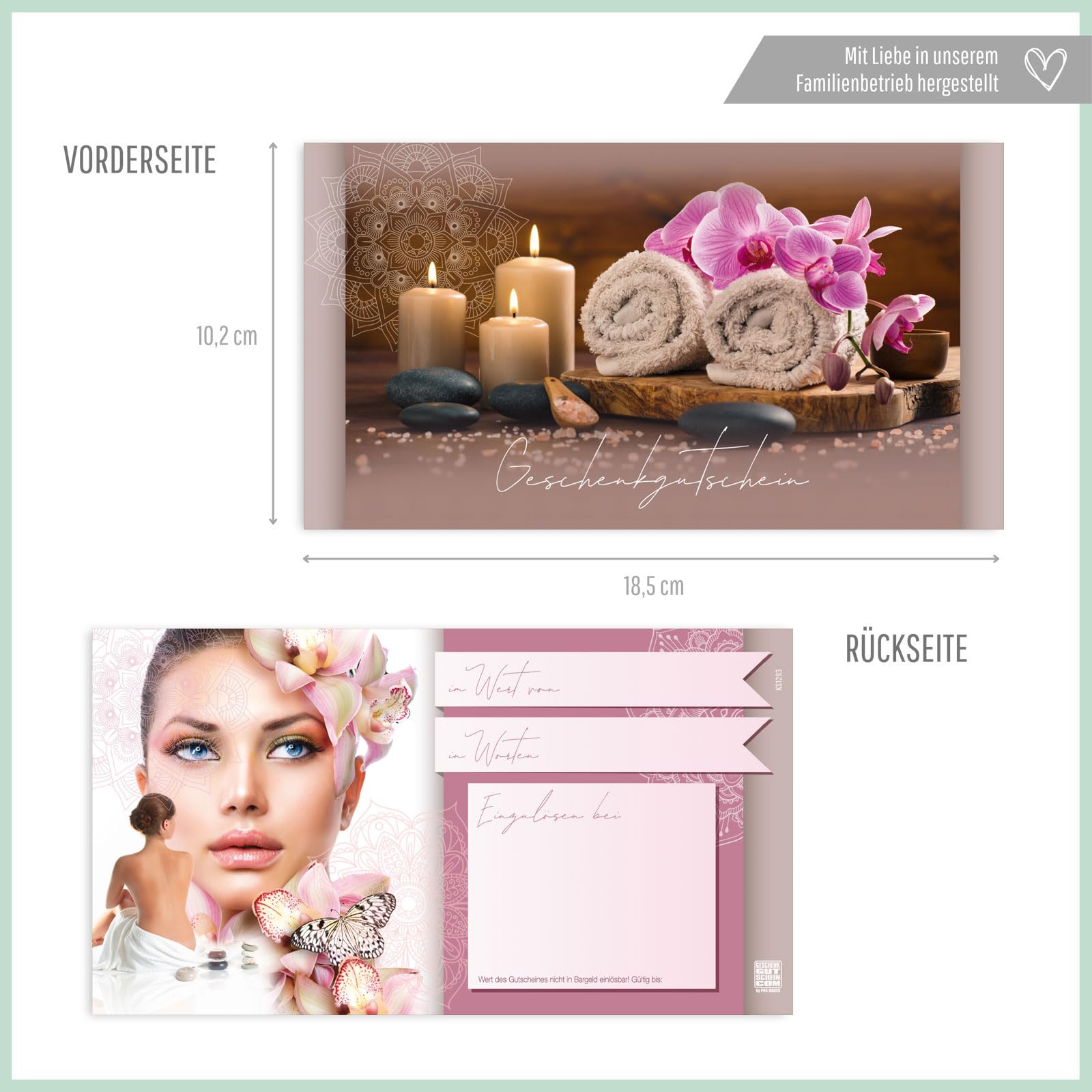 GESCHENKGUTSCHEINcom - 50 Gutscheine mit Umschlag/Schleife für Kosmetikinstitut Kosmetik Wellness - Geschenkgutschein-Vordruck blanko KS1293-2-50