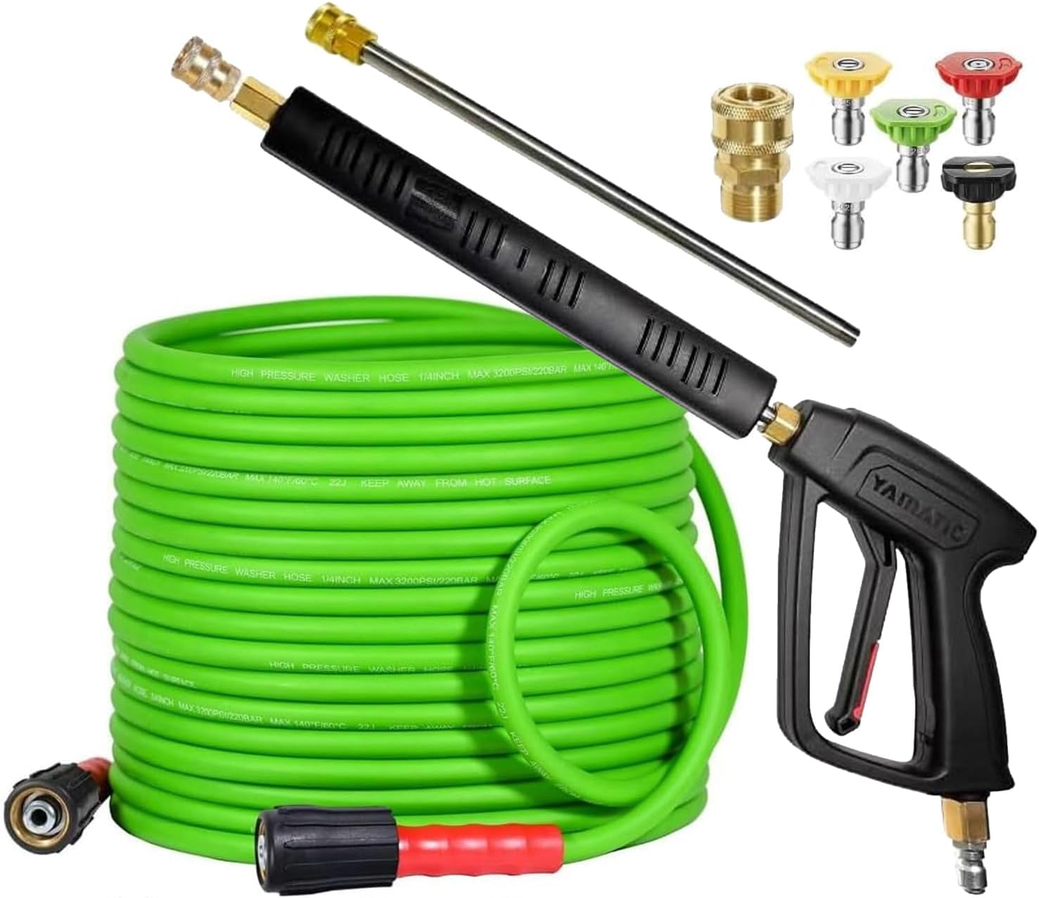 YAMATIC Top Flexible Pressure Washer Hose 50FT 1/4" and Pressure Washer Gun with 3/8" Swivel Quick Connector & M22-14mm Fitting & Extension Wand