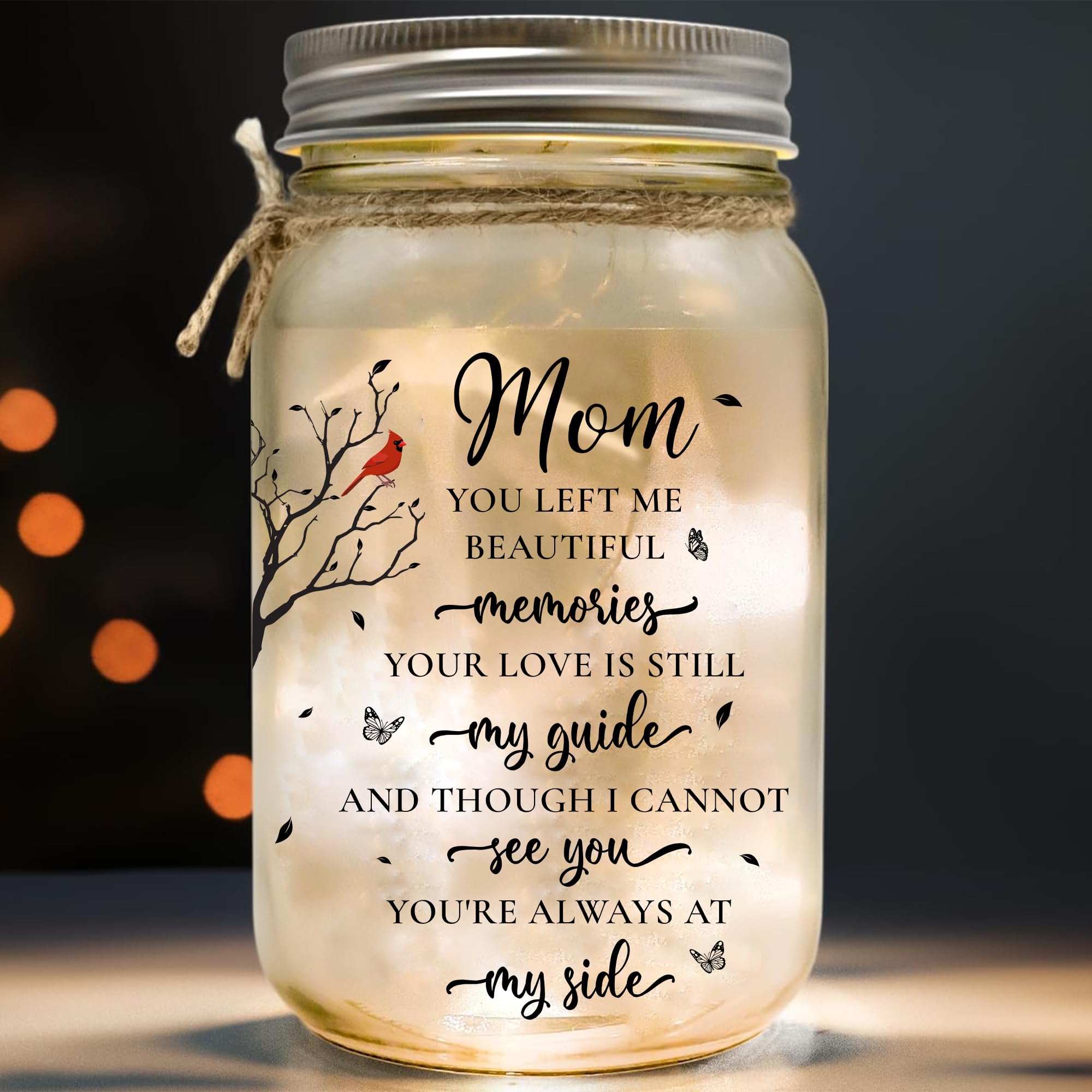 2IMT Memorial Gifts for Loss of Mom, Bereavement Gifts for Loss of Mother, Red Cardinal in Remembrance of Mom, Memory Gift Mother Passing in Loving Memory Sympathy Quotes Condolences Mason Jar Light