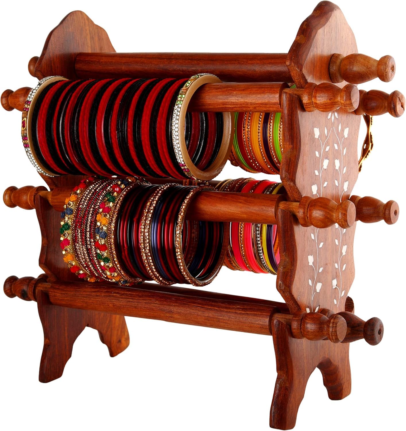 Shriji Crafts Wooden Bangle Holder Stand – 8 Rods with 6 Holding Bars for Organizing Bangles and Bracelets | Handcrafted Jewelry Display Stand (13.5 x 3.5 x 12 Inches, Brown)