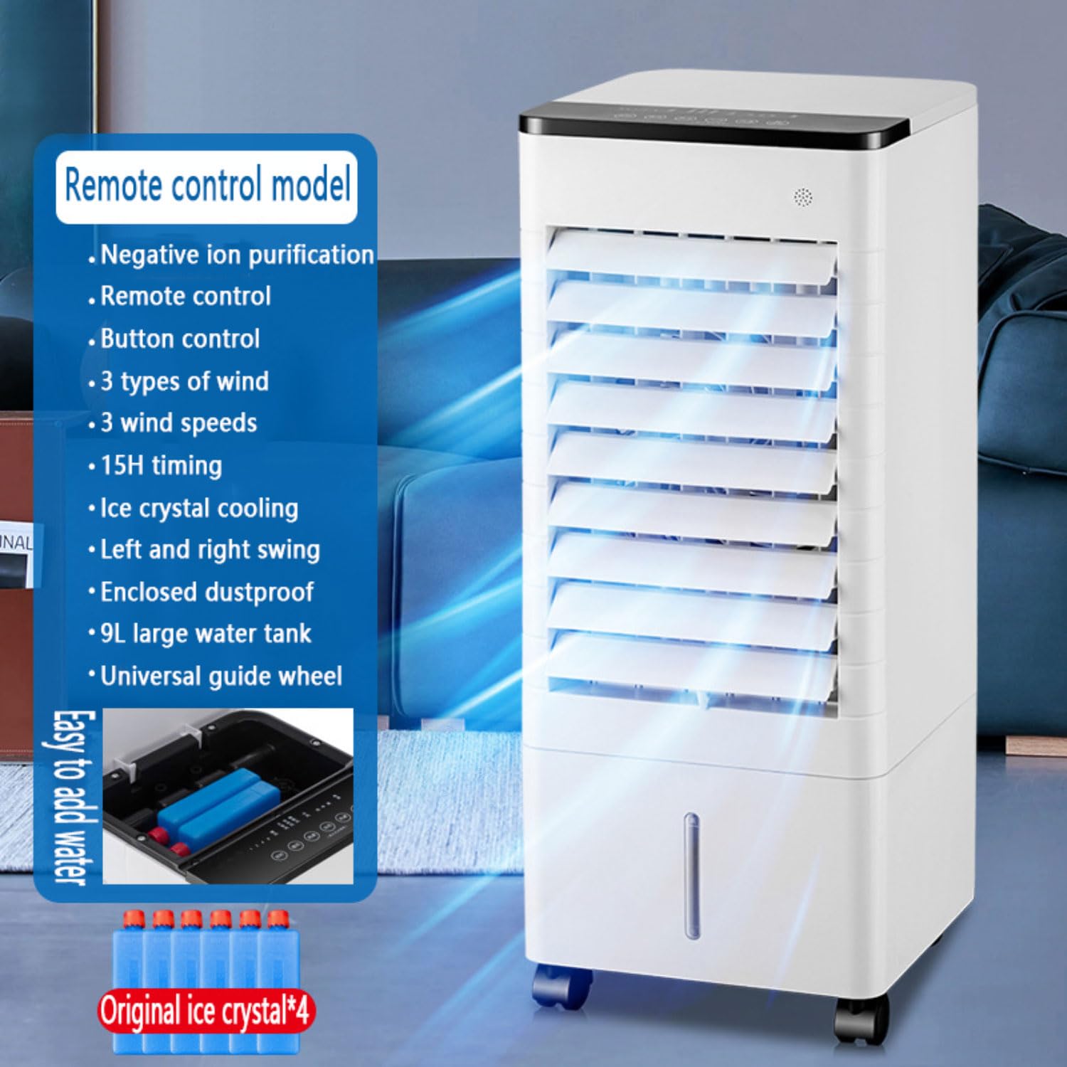 Raffreddatore d'aria evaporativo con oscillazione di 90°, timer 15H, 3 velocità, serbatoio da 9 l, dispositivo di raffreddamento portatile per camera da letto, ufficio, stanze senza finestre