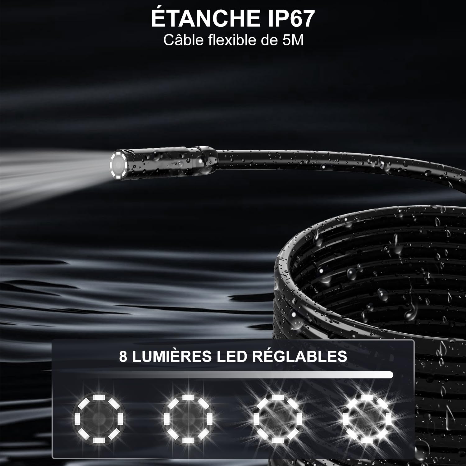 HANMATEK Endoscope Industriel, Écran TFT de 4,3 Pouces, Câble Flexible de 16,5 Pieds, Caméra de 8 mm avec lumières LED Réglables, Chargement USB-C, Autonomie de 4 Heures, Écran Rotatif à 180° IE01
