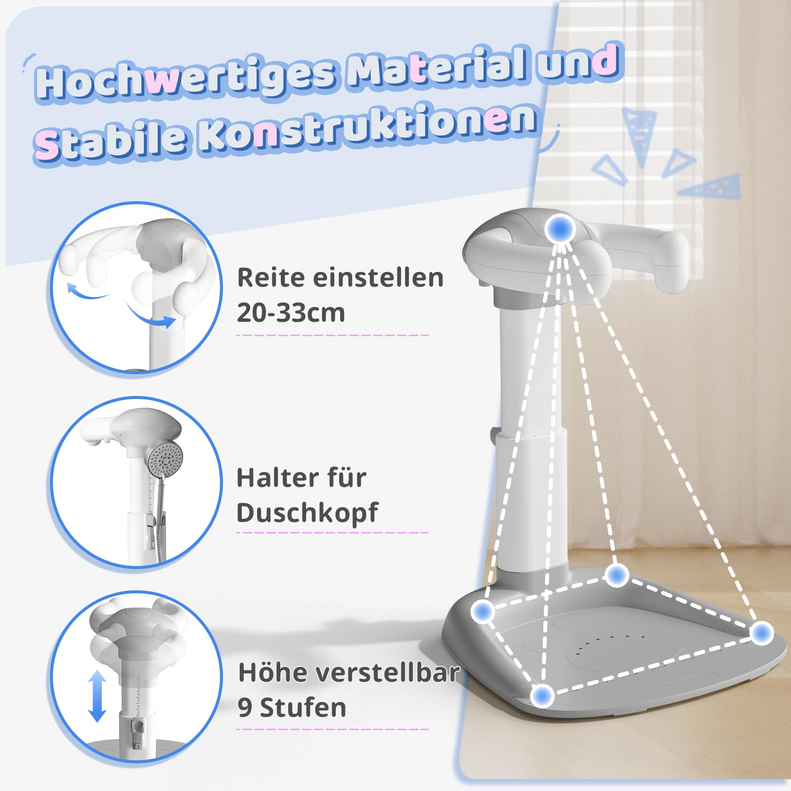 COOSEYA® Baby Dusche Ständer – Einstellbarer Baby Shower Stand Support mit AntiRutsch-Basis, Duschständer Kind, Anstelle eines Badewannensitzes baby – zum Baden, Windelwechseln und Waschen des Popos