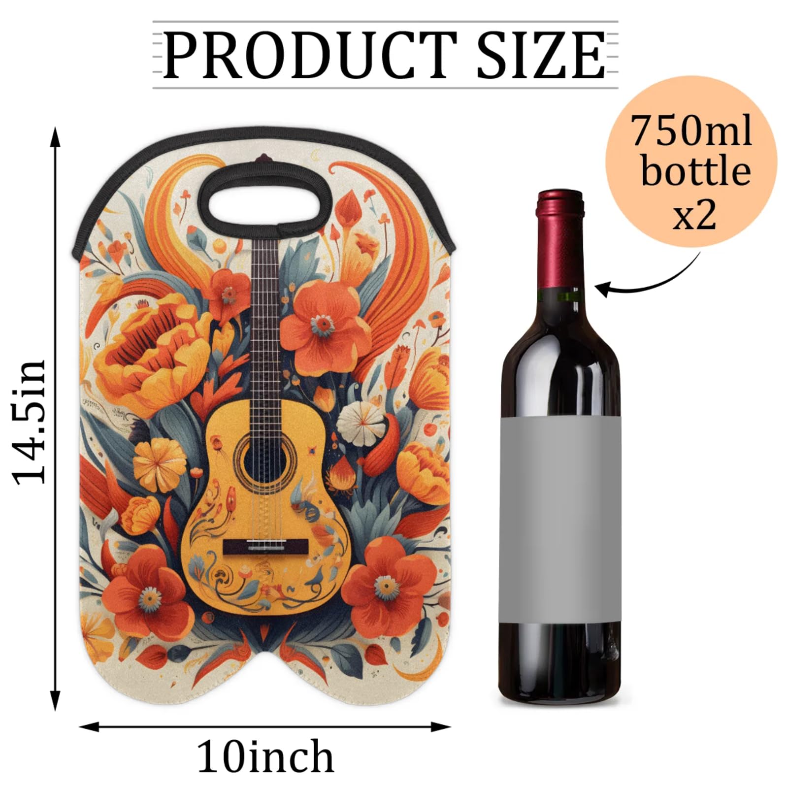 GzLeyigou 2 Bottles Guitar Floral Wine Bag Sleeve Totes Neoprene Protective Wine Carrier Bag for Wine,Water, Champagne, Beer, Baby Bottles,Gift 14.5 x 10 Inches