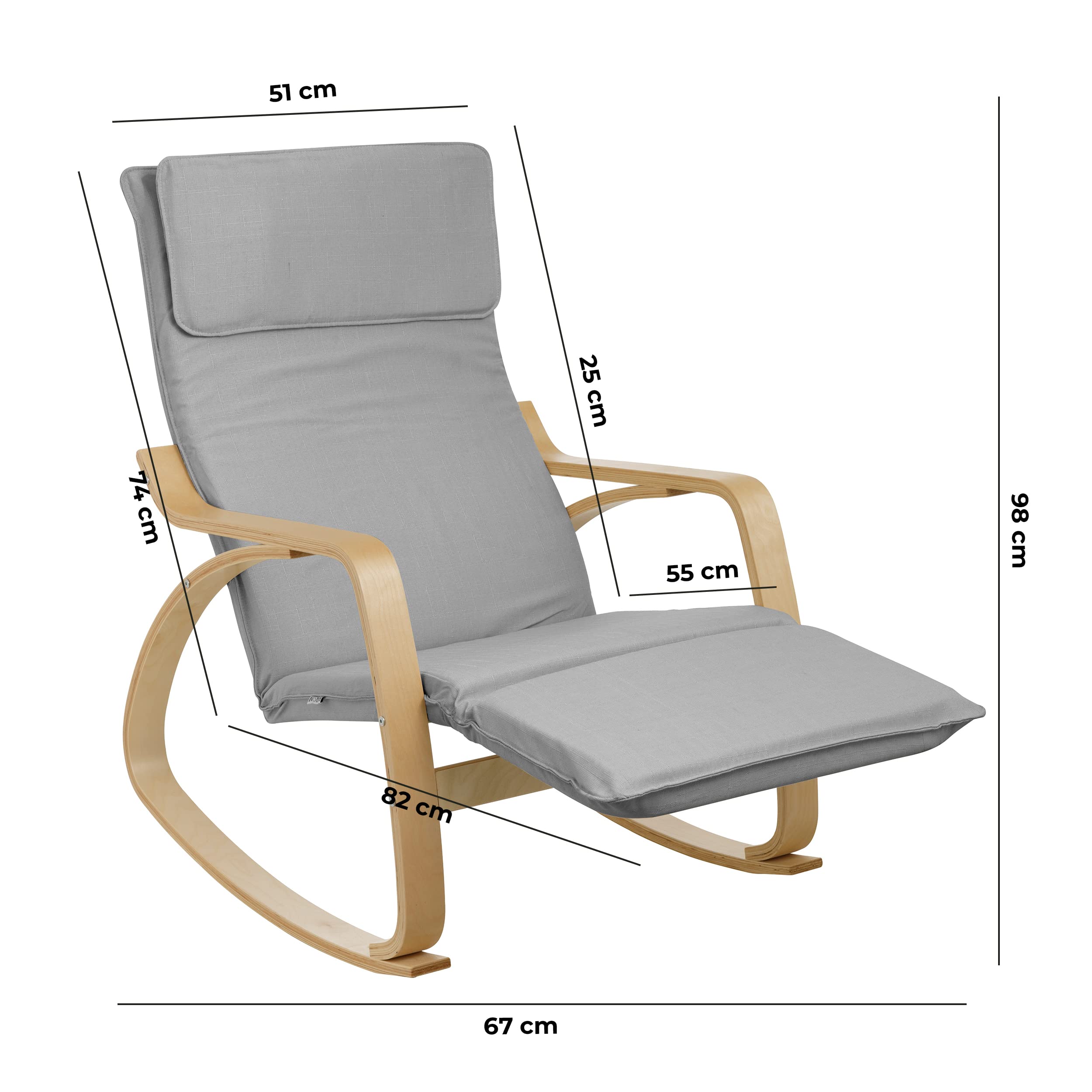 Baroni Home Sedia a Dondolo con Braccioli in Legno da Interno, Poltrona a Dondolo ergonomica in Tessuto con Poggiatesta e Poggiapiedi Regolabile a 5 Altezze, Max 150 kg, Salotto Camera, Grigio