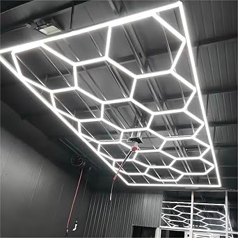 Hexagon Honeycomb LED Garage Light for Car Detailing Shop,14 Hex Honeycomb Ceiling Light 672W 73920 Lumens,6500K Ultra Bright,4.84 x 2.43 m