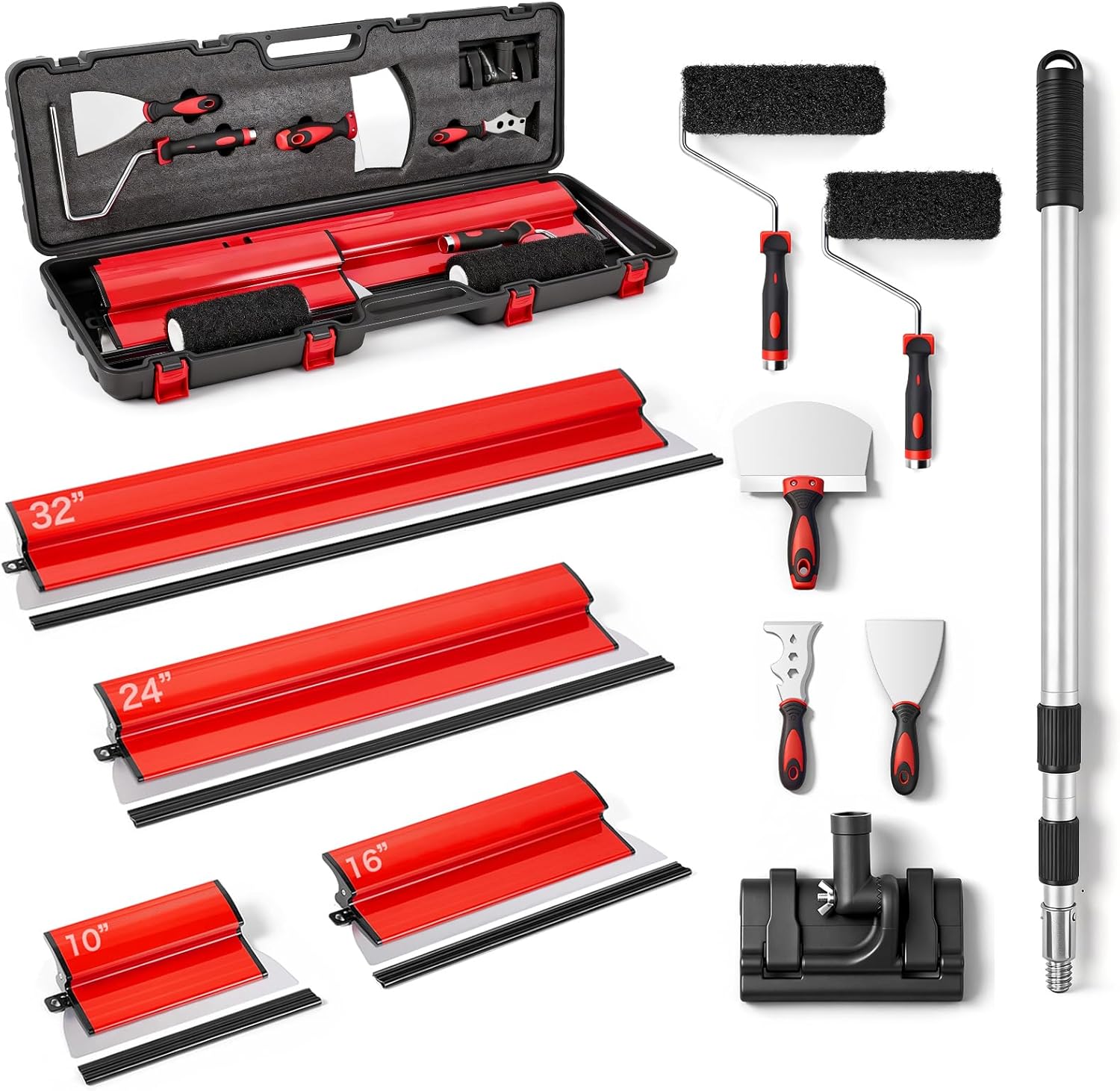 Drywall Skimming Blade Set with Portable Case, 10"+16"+24"+32" Skimming Blades, 28"-61" Extension Handle, 2 Drywall Compound Rollers and 3 Drywall Tools for Drywall, Plaster, Wallboard
