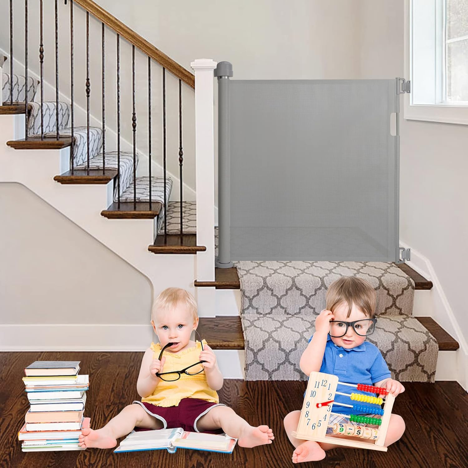 LARS360 Barrera de seguridad extensible de 0 a 180 cm, barrera para bebés, puerta retráctil, extensible, separador de seguridad para interiores y exteriores (gris)