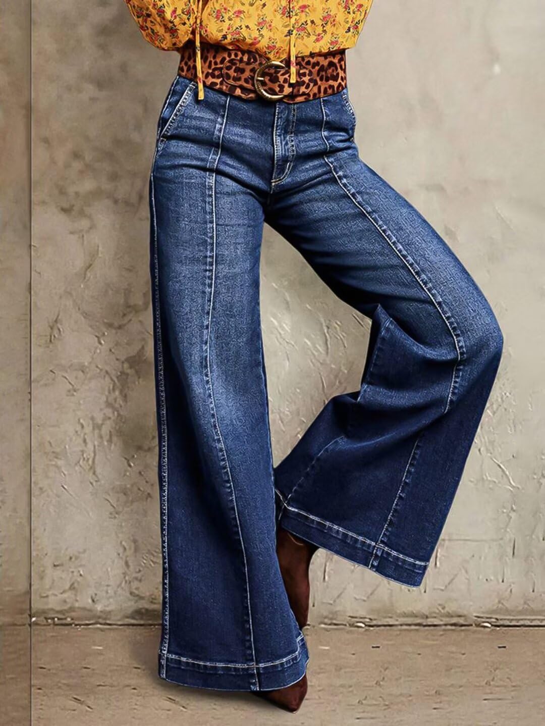 Flamingals Wide Leg Jeans for Women Mid Waist Baggy Stitch Decor Denim Washed Pants Without Belt - Image 3