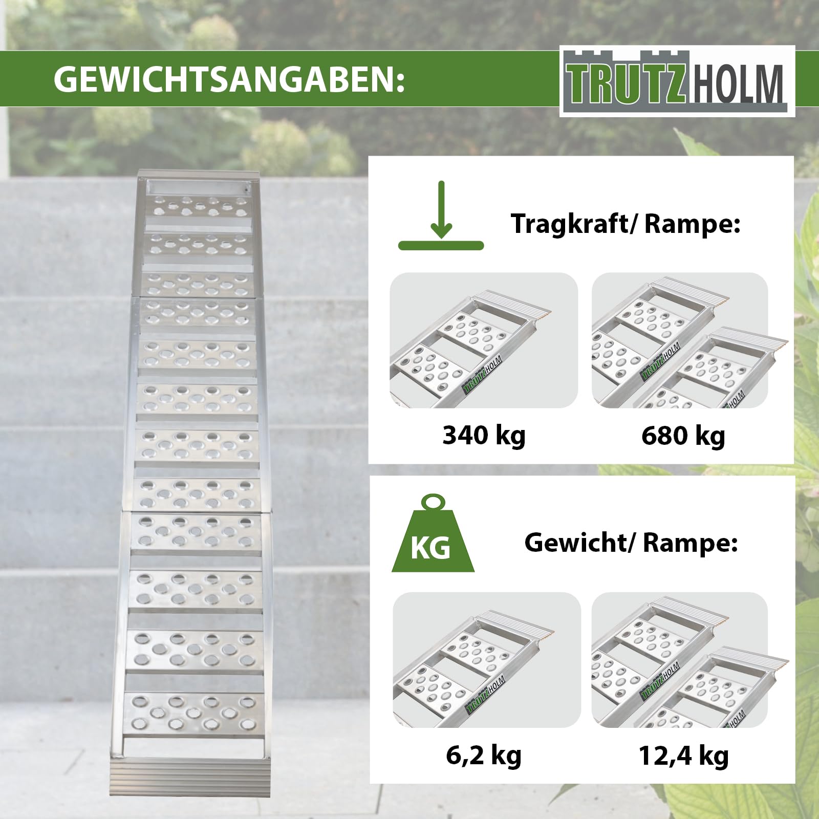 TRUTZHOLM Alu Auffahrrampe 198 cm 340 Kg zweifach klappbar Verladerampe Motorradrampe Klapprampe sehr platzsparend verstaubar und extrem leicht (grau, 1 Stück)