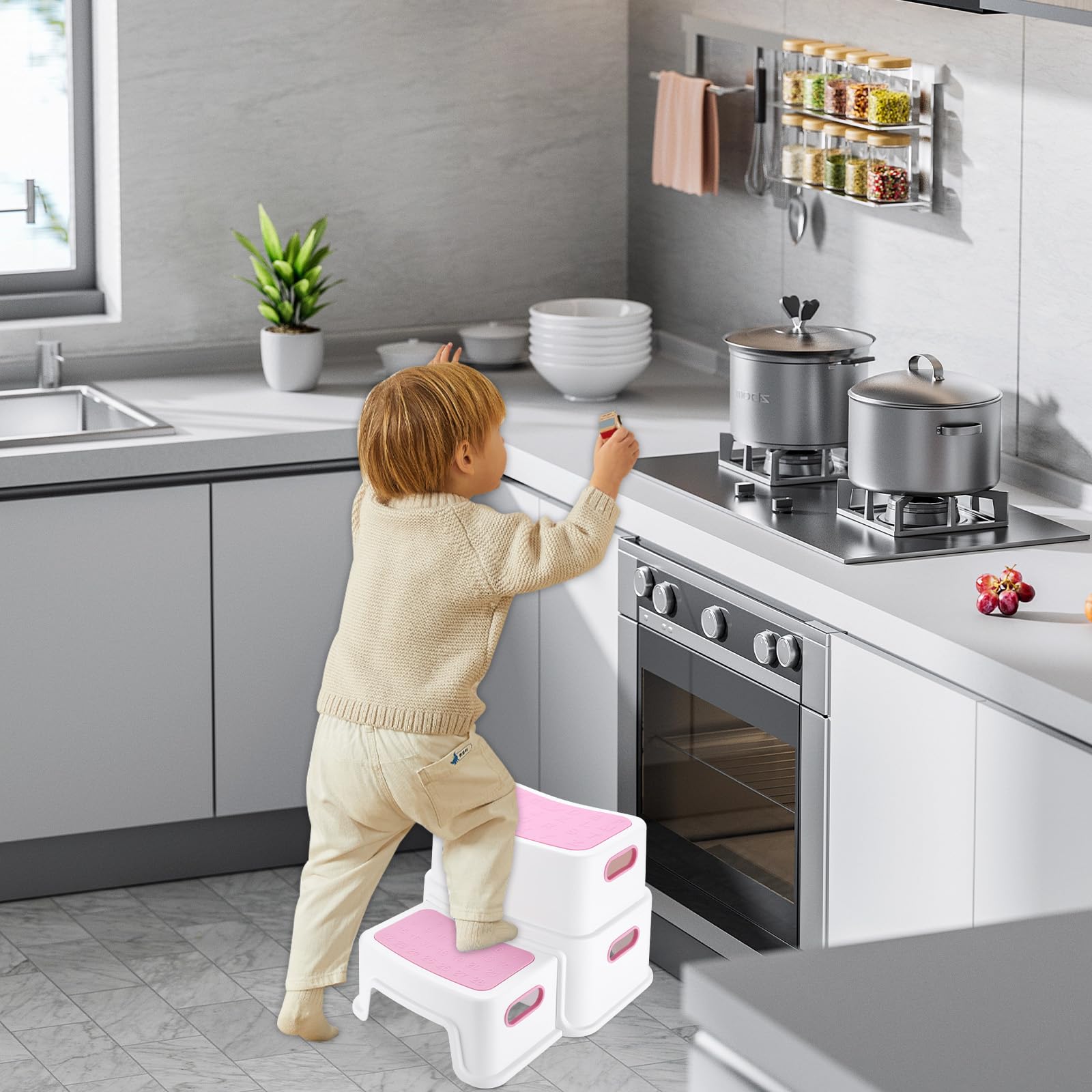 Sgabello regolabile a 2 gradini per bambini, sgabello rimovibile per cucina, bagno, lavandino, WC, vasino, con manici e cuscinetti antiscivolo (grigio