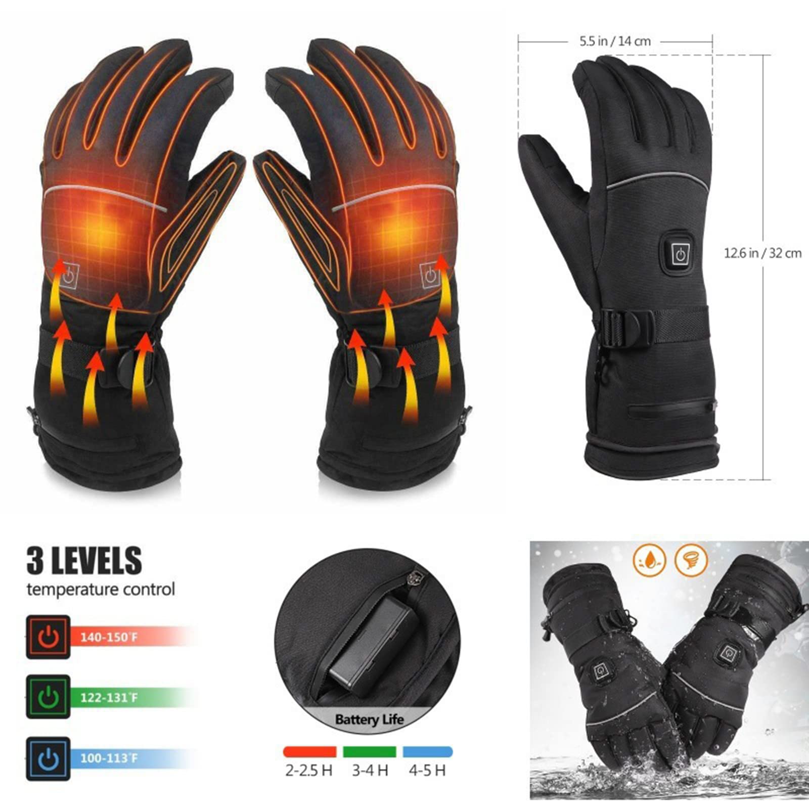 CHEWYNP Guanti da Bici elettrici Guanti riscaldati elettrici per Uomo Donna con 3 Livelli di Riscaldamento Guanti riscaldati Touch Screen Guanti da Sci Impermeabili per Lo Sport all'aperto