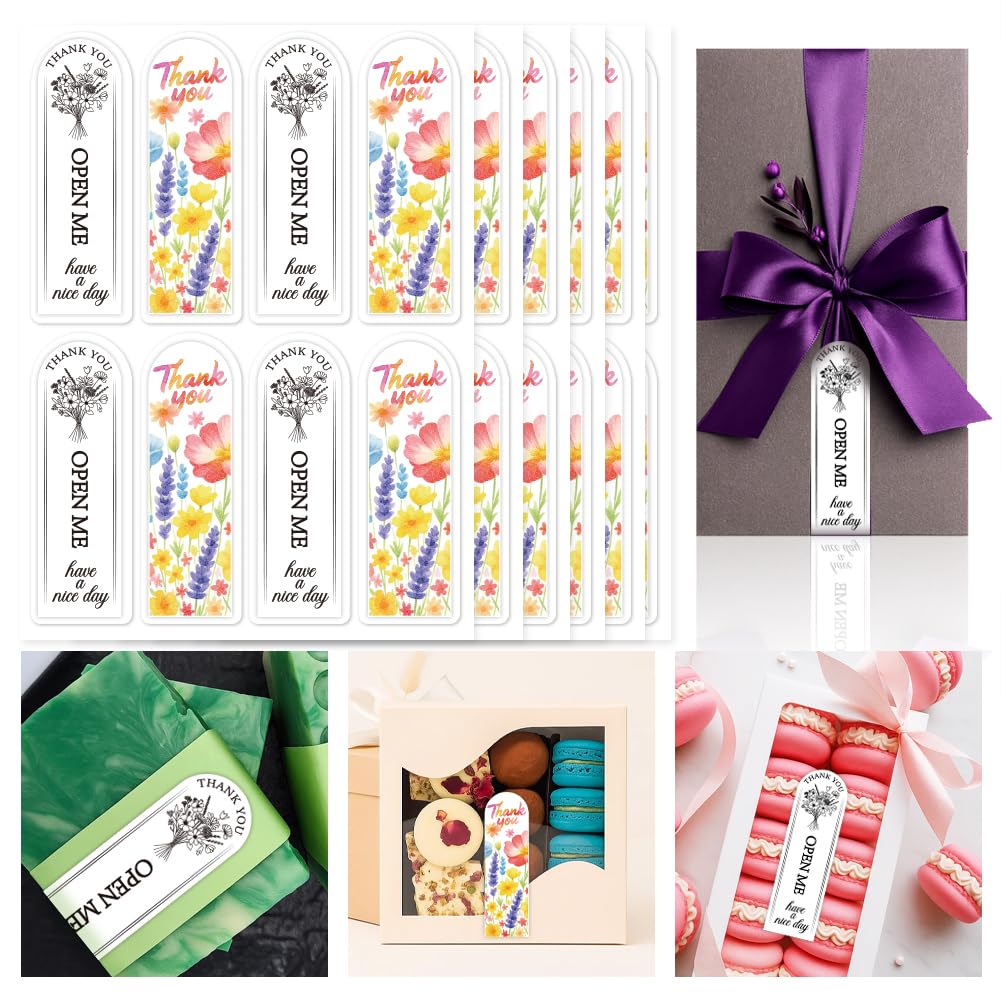GOMAKERER 400 Pcs Food Baking Seal Stickers, Open Me Packaging Lollipop Sealing Labels Self Adhesive Bakery Stickers for Cake Box, Tins, Jars, Coffee Cups, Gift Wrapping, 3.9 Inch Long