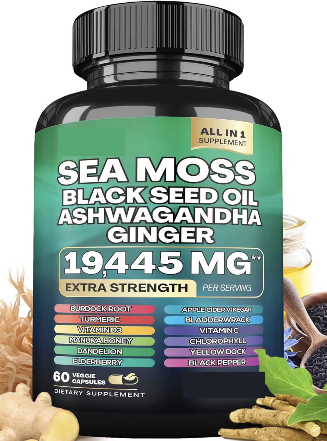 22-in-1 Sea Moss Herbal Supplement with Himalayan Shilajit, Ashwagandha, Rhodiola Rosea, Ginseng, 19445mg, Veggie Capsules (60 Capsules, Sea Moss)