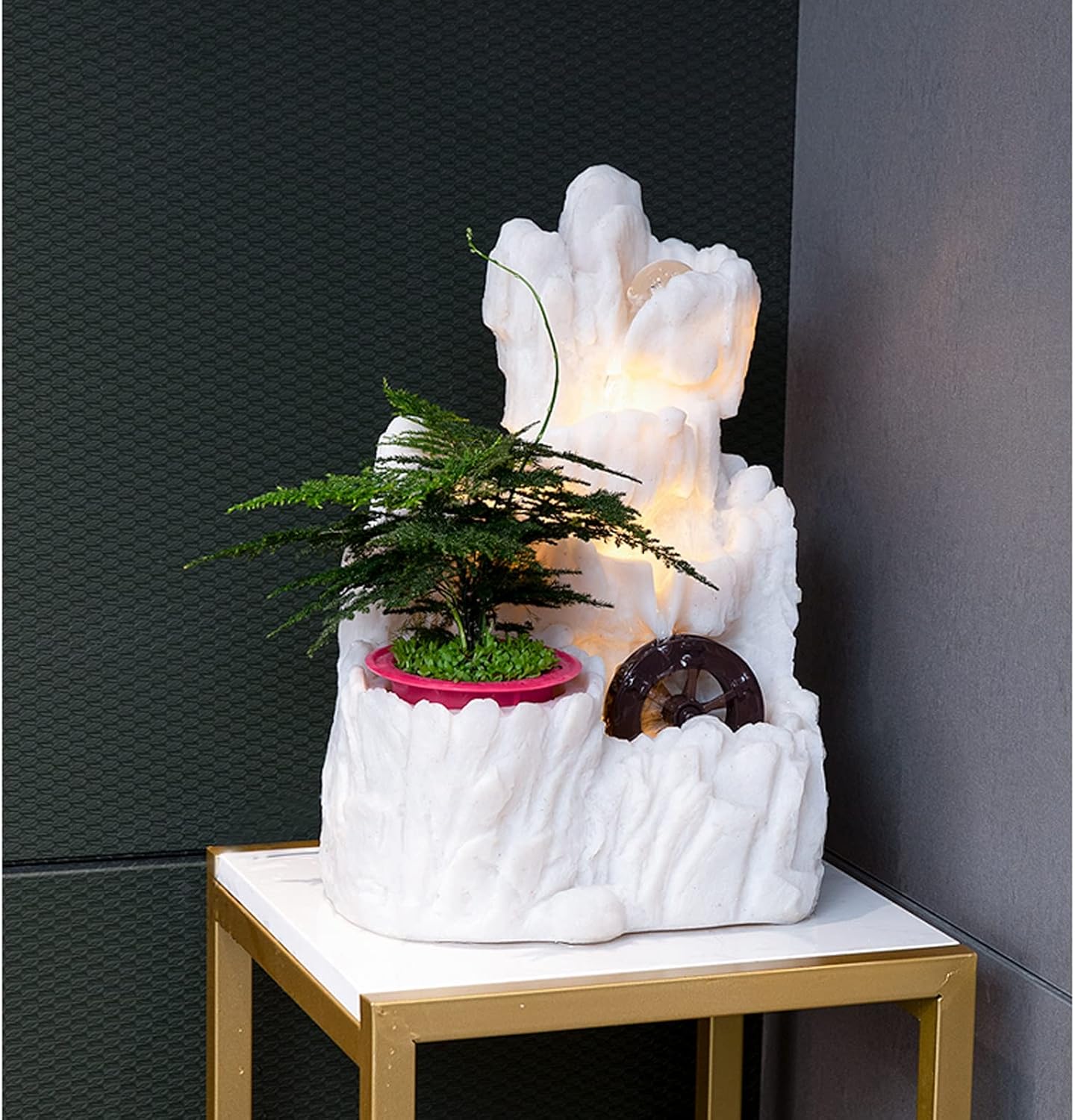 デスクトップ噴水 ホワイト樹脂ストーン滝噴水 ホームオフィス装飾