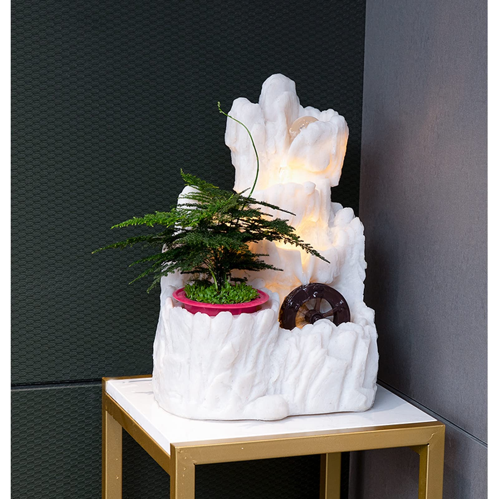 Fuente de mesa decorativa para interior, fuente de agua con cascada, de resina, con iluminación LED, bomba de agua, Zen, decoración para salón, dormitorio, oficina, 24 x 19 x 35,5 cm, Blanco
