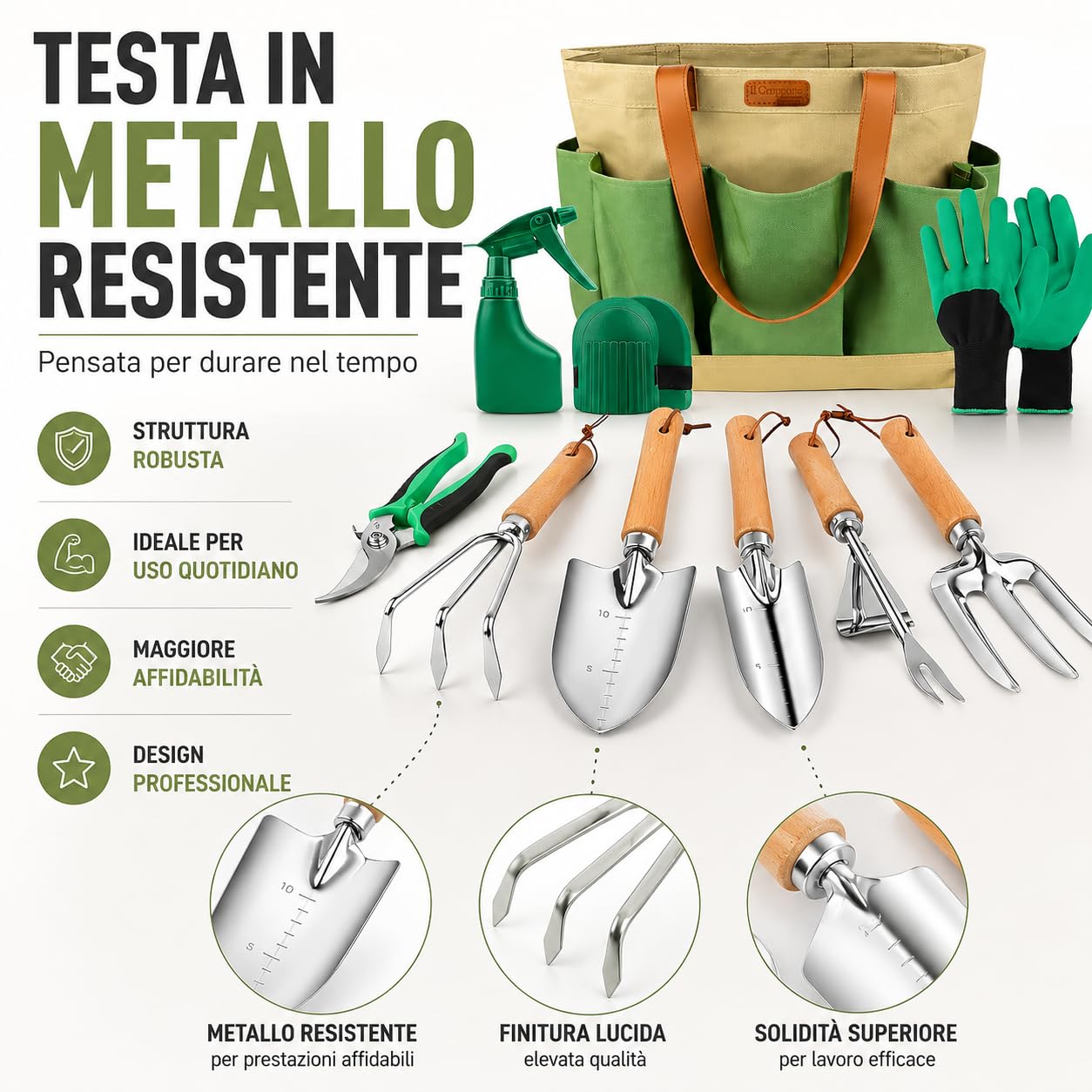 Set Attrezzi da Giardinaggio 10 Pezzi – Kit Completo con Paletta, Trapiantatore, Forchetta, Rastrello, Forbici da Potatura, Guanti, Spruzzino e Ginocchiere