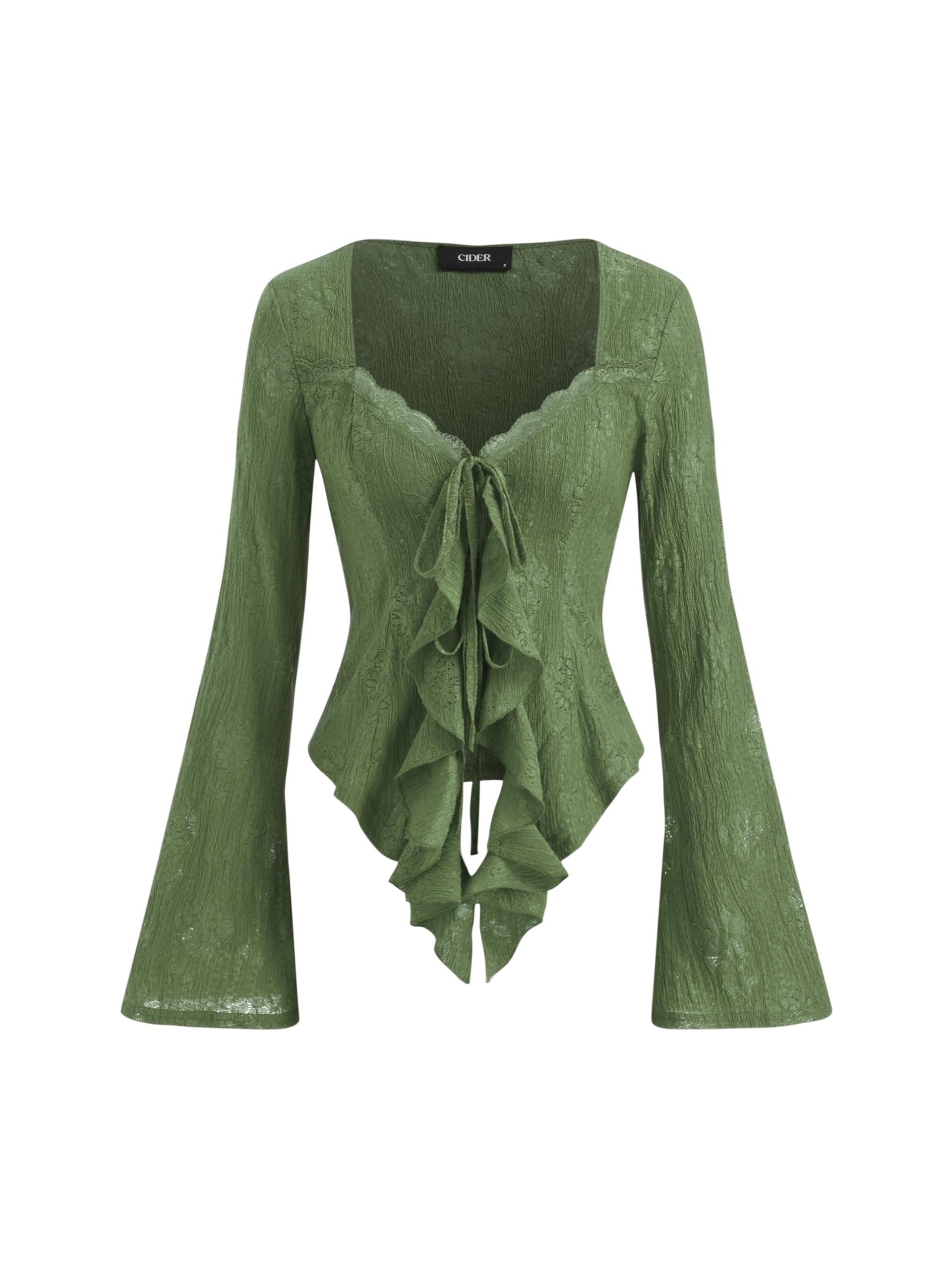 CIDER Women Going Out Tops Mesh Lace Y2k Long Sleeve Tie Front Top