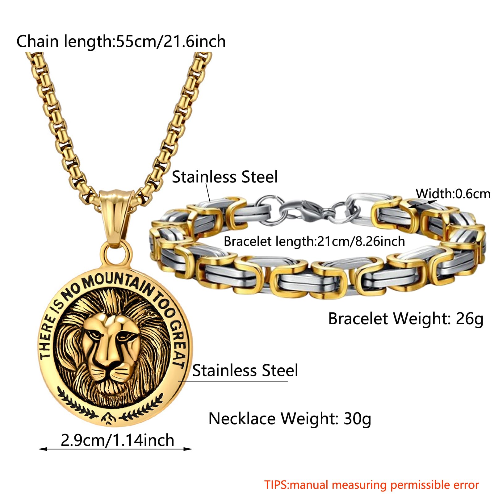 Caimeytie Collier et bracelet pour homme, pendentif lion, bracelet à chaîne, style rétro, bijoux en acier inoxydable, cadeau pour homme
