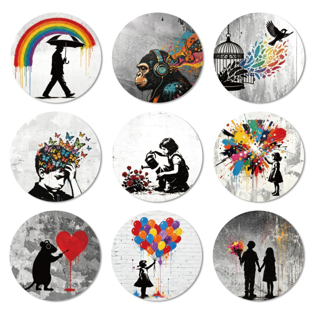 ANATTASOUL Banksy Style Graffiti Wood Coasters Set of 9 for Coffee Table