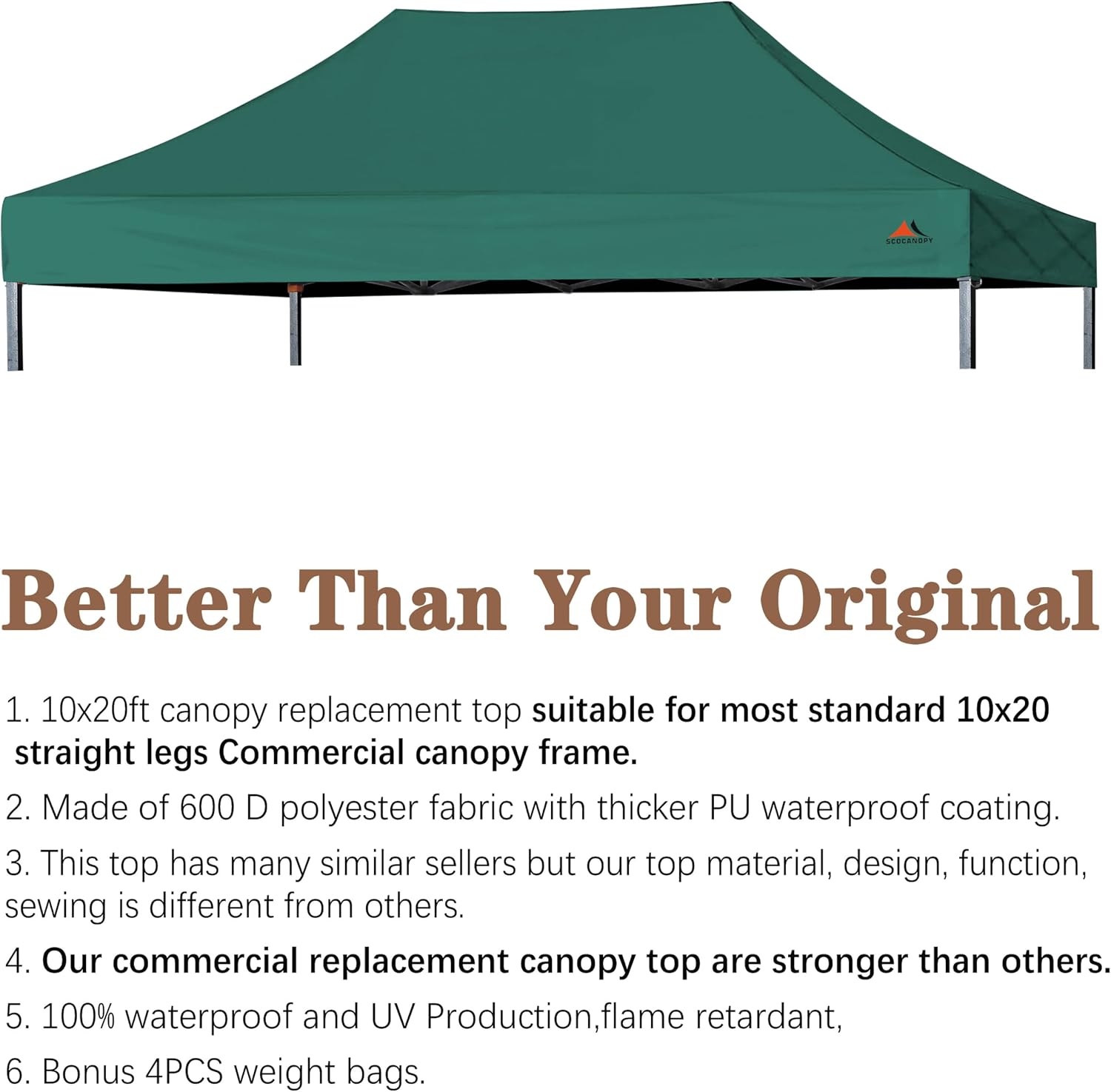 SCOCANOPY Commercial 10x20 Canopy Replacement Canopy Top,Canopy Cover ONLY,Bonus 4 Pack Weight Bag (Forest Green)