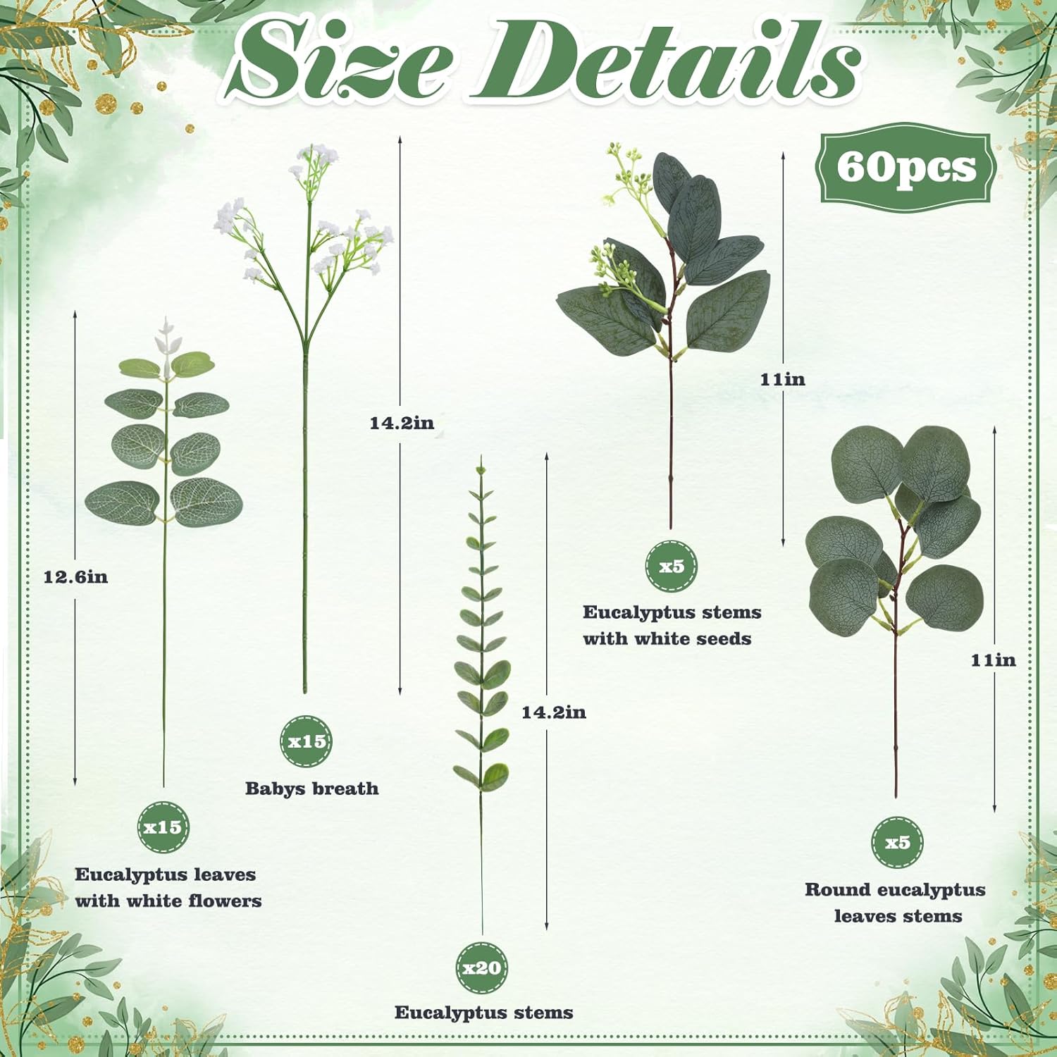 60 Pcs 5 Kinds Mixed Eucalyptus Leaves Stems Artificial Eucalyptus Leaves Bulk Silver Dollar Faux Greenery Picks for Wedding Vase Bouquet Centerpieces Decor