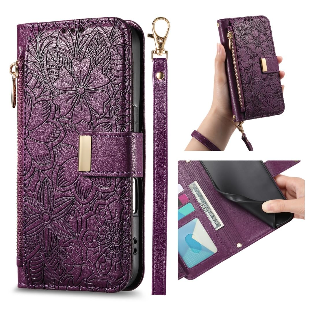 HOJODDO Shockproof Case for Blackview Wave 10/Wave 10C, Flower Cover is Premium Leather, Anti-fingerprints Anti-Slip Scratch, External Zipper Pocket. Purple