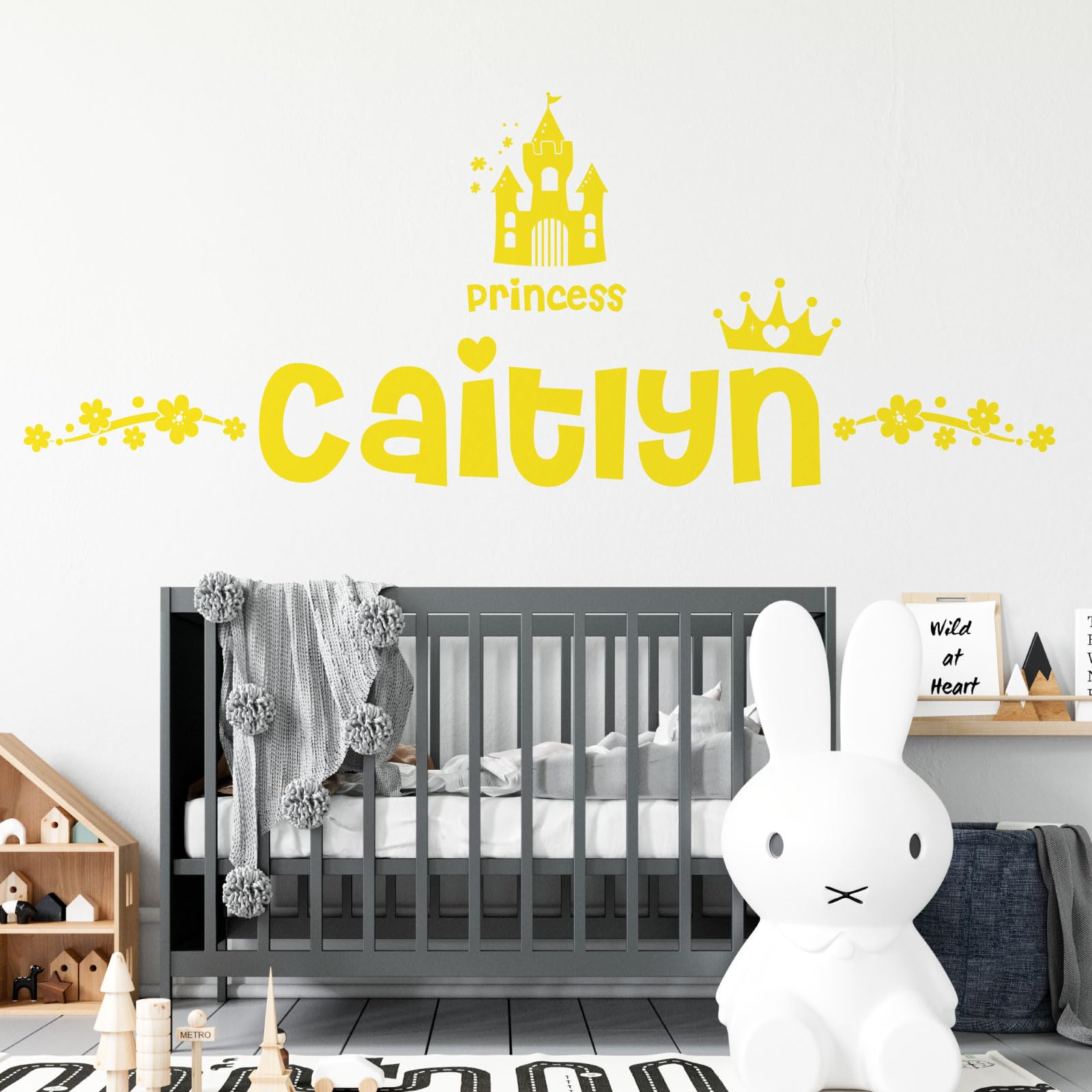 Personalised Name Girls Wall Art Sticker - Princess Disney Castle Crown Floral Motive [Large] [Lemon]
