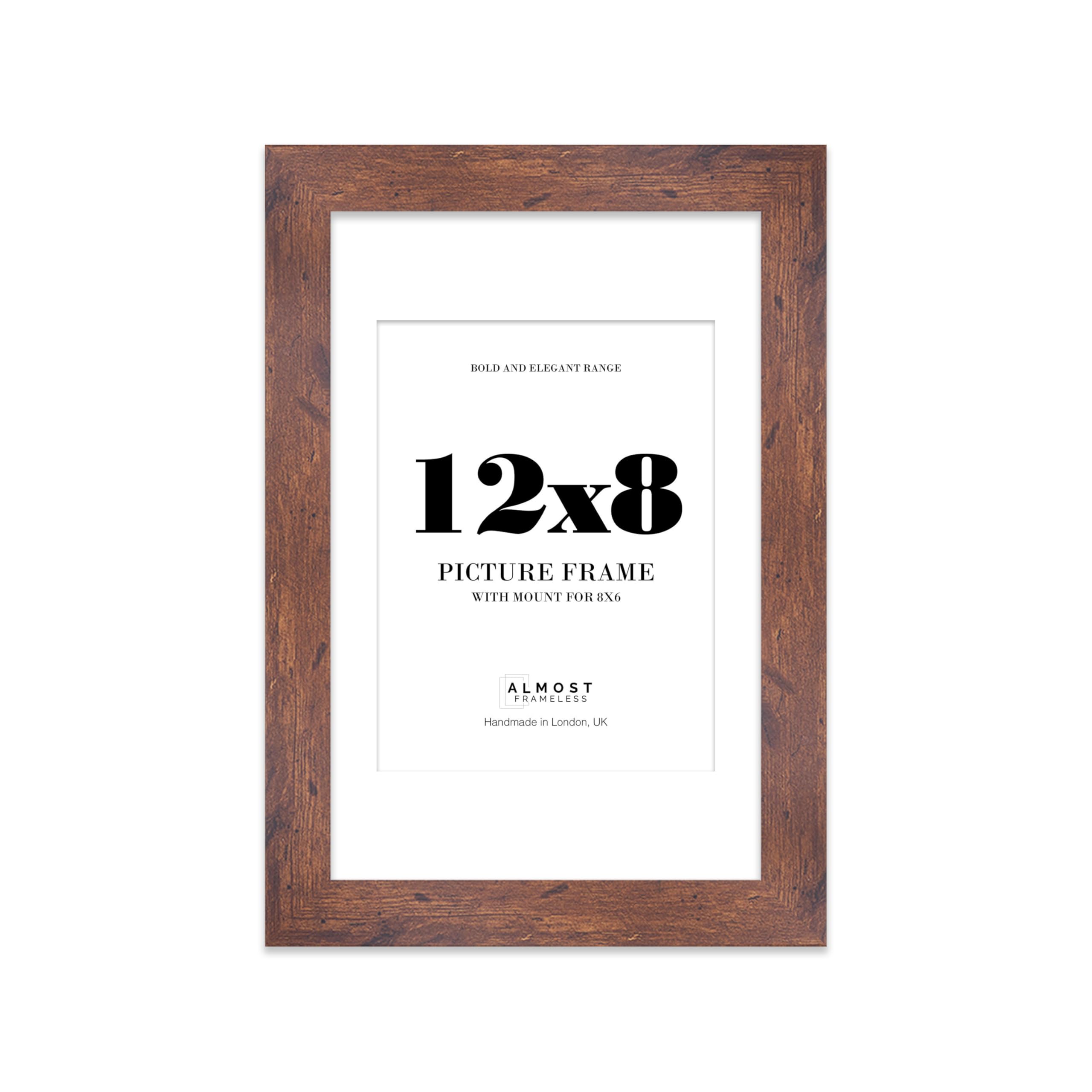 12x8 Rustic Wood Frame With Mount for 8x6 Pictures 28mm Edge Portrait and Landscape Display with Wall Hooks and Kickstand, 1 Pack