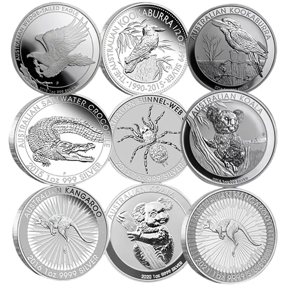 Luxylei Colorful 9Pcs Australia Wildlife Commemorative Coins, Kookaburra + Spider +Koala +Eagle Animal Collectible Plated Coin Set Souvenir Medals
