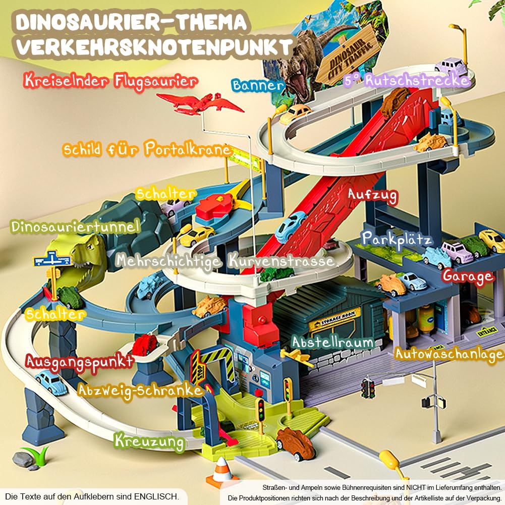 Dinosaurier Spielzeug Rennstrecken Spielset mit 7 Ebenen 8 Autos, Autorennbahn Parkhaus Garage City Streckenset Autobahn für Kinder ab 3 4 5 6 Jahren