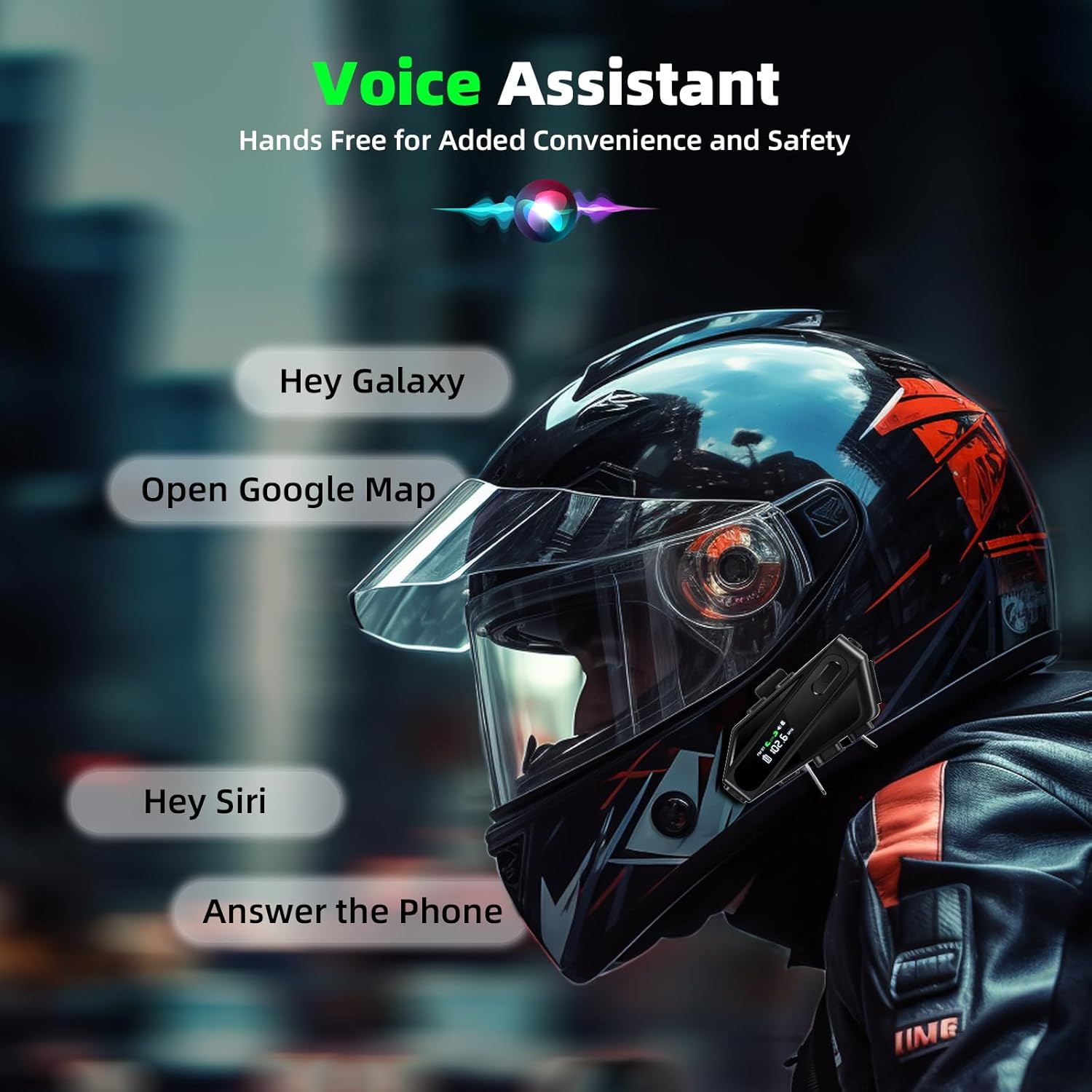Motorcycle Helmet Bluetooth Speakers Headset with LED Screen, 2-Way Helmet Intercom System Headphone with 2 Type Mics, TF Card Slot, Hands-Free FM Music/Call, 1000mAh Battery, IPX6, Noise Cancellation