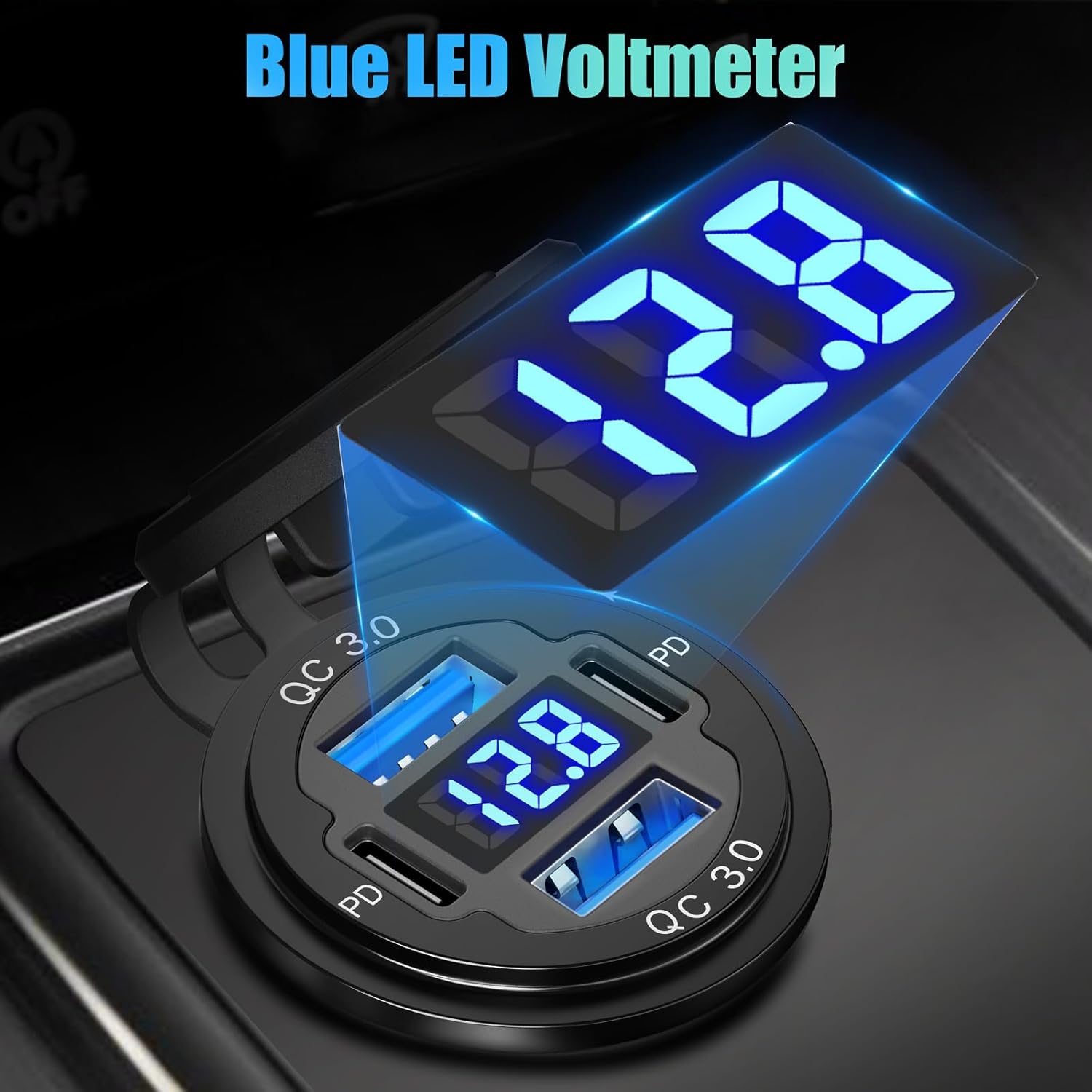 12V USB C Outlet 78W 4 Ports Aluminum Car Charger Socket, Dual PD 30W and Dual QC 18W Car USB Port 12V Charger with Voltmeter and C to C Cable, Suitable for Boat Marine Bus Truck Golf RV Motorcycle