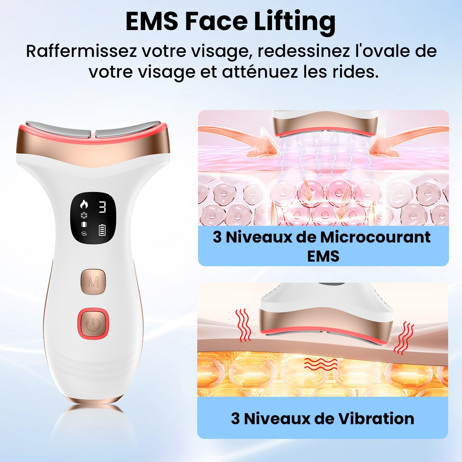 Massage Visage Appareil Anti Rides: Masseur Double Menton Lifting à 15°C Froid et 45°C Chaleur - Appareil de Beauté Electrique à 7 Modes LED 7 Couleurs - EMS Appareil Cou de Gua Sha Visage, Blanc