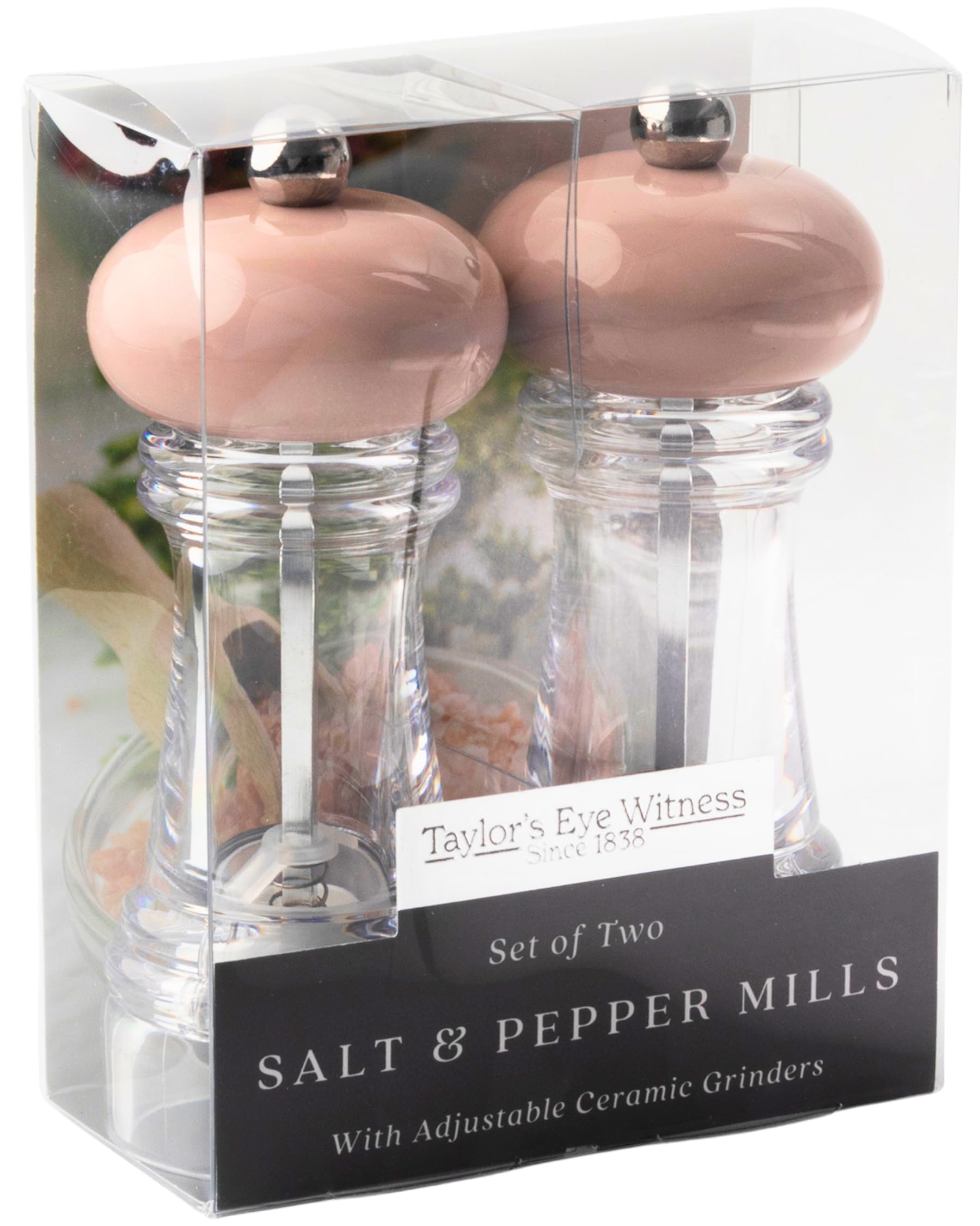Salt and Pepper Grinder Set - Malt Chocolate Plastic Head and Glass Refillable Mills for Kitchen Cooking. Refill with Table Or Himalayan Salt, Spices for Seasoning. Hand Grinder Utensil, Pack of 2