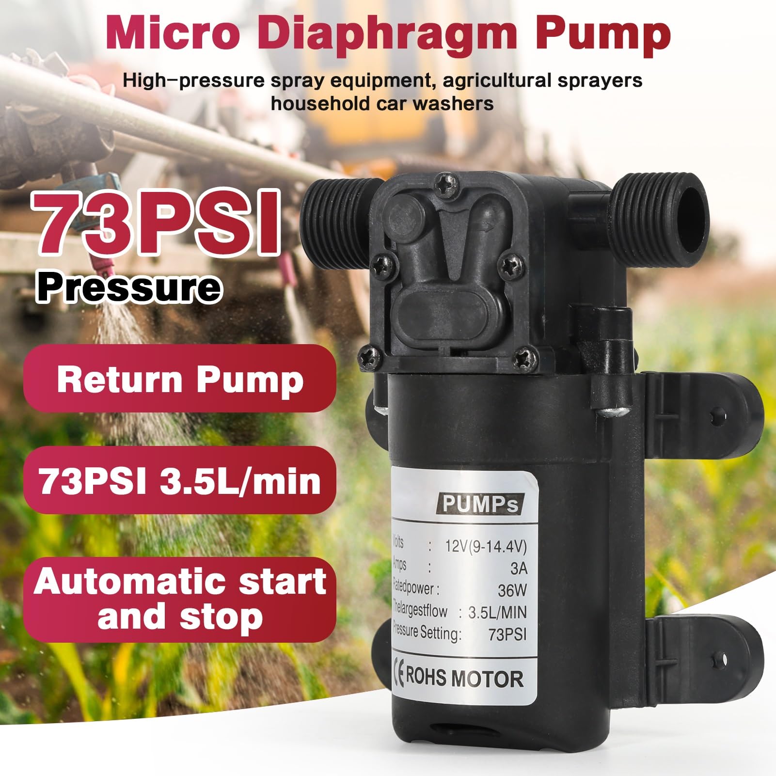 DEWIN Pompe à Eau, Micro Pompe à Diaphragme Agricole Électrique Pulvérisateur d'eau à Haute Pression Connecteur 10.3mm 12V 36W