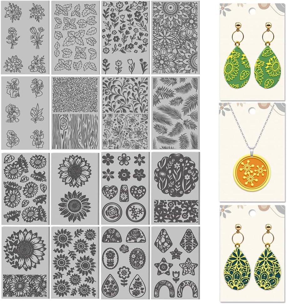 CHGCRAFT 16 Pcs Plants Flowers Pattern Polymer Clay Texture Sheet Rubber Clay Texture Mat for Polymer Clay Making Earrings Jewelry DIY Crafts 4 × 2.5 Inch