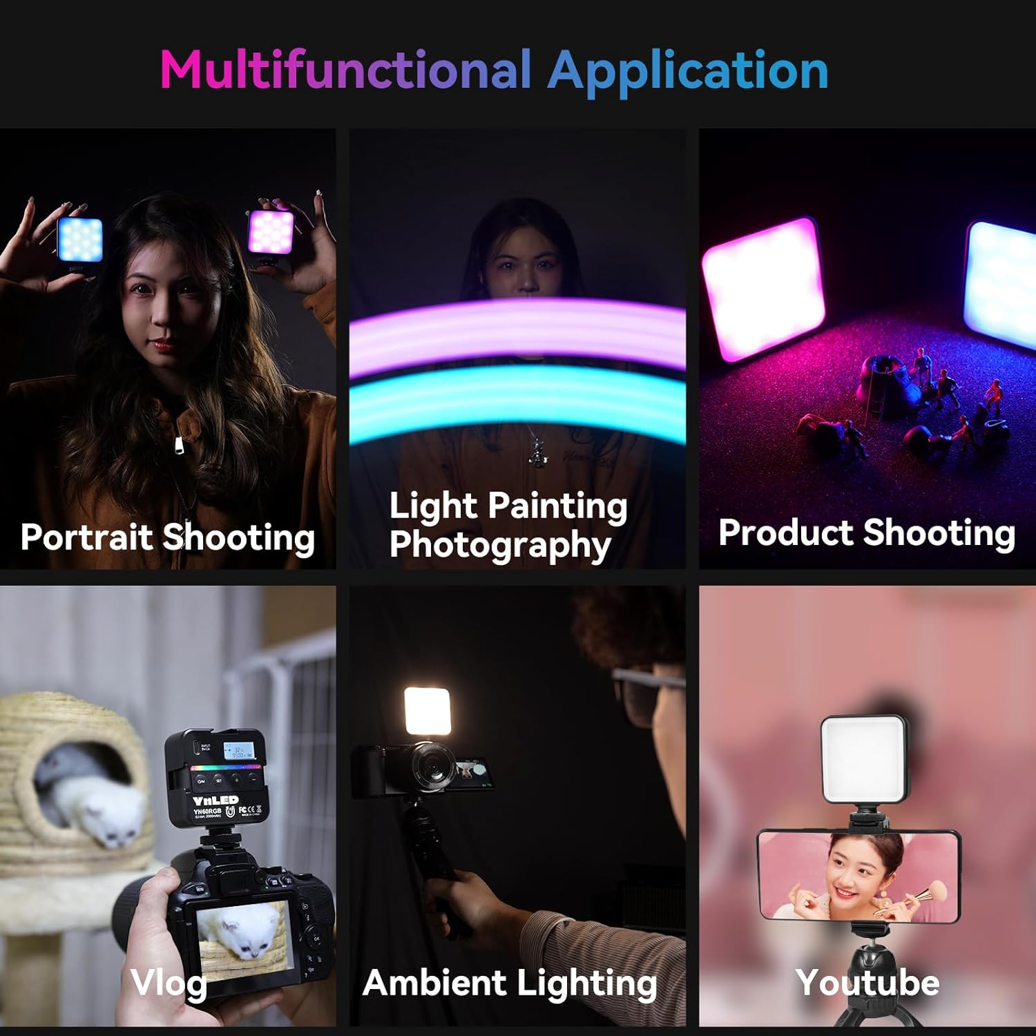 YONGNUO YN60 RGB LED Mini Lights, Camera Video Light 360 Full Color Portable Photography Lighting w 3 Cold Shoe, 2000mAh Rechargeable CRI 95+ 2500-9500K Dimmable Panel Lamp Support Magnetic Attraction