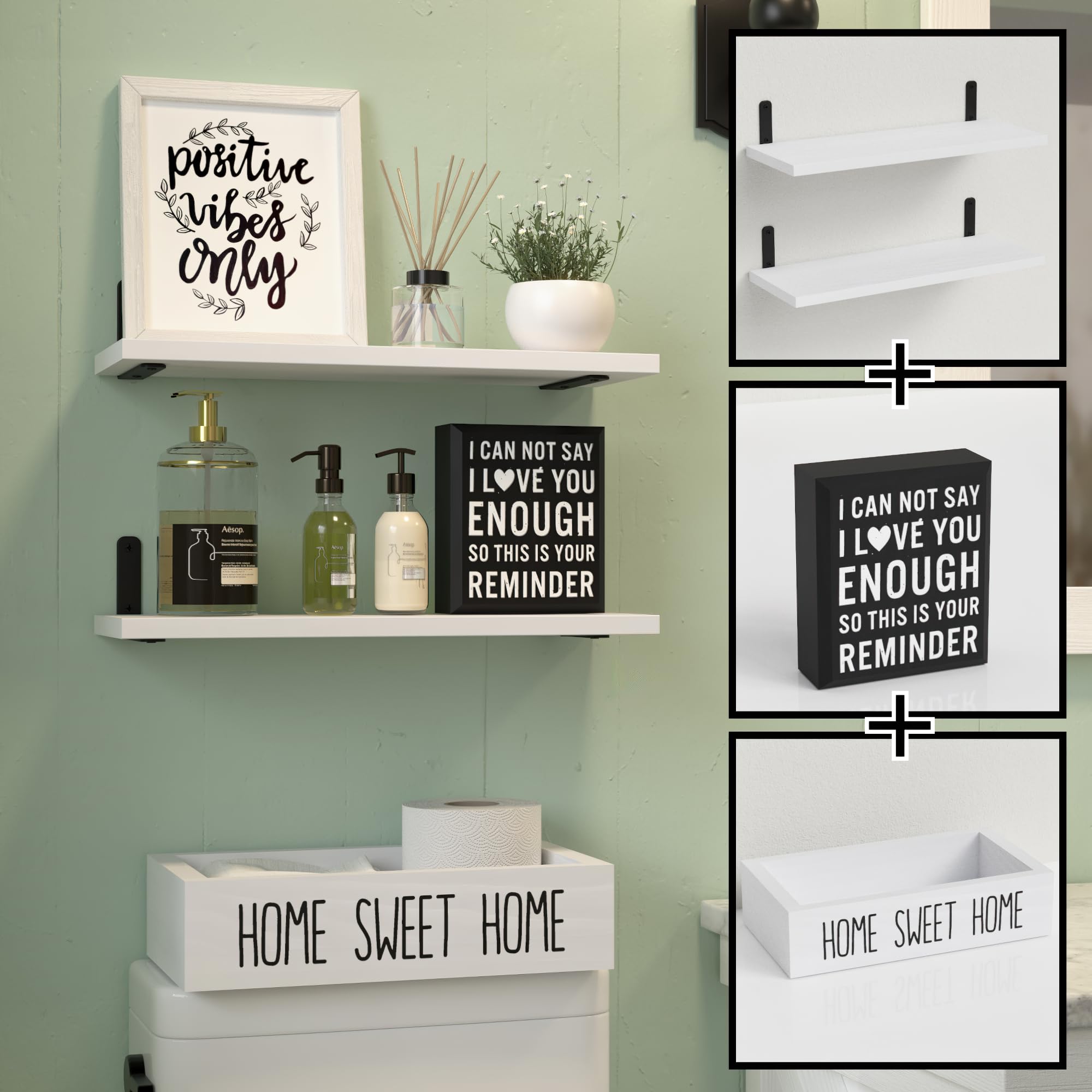 RICHER HOUSE White Floating Shelves for Bathroom Décor Set, Black Box Sign & White Storage Basket Over Toilet, Bathroom Organizer for Wall Shelf for Room Decor Bedroom Living Room - White