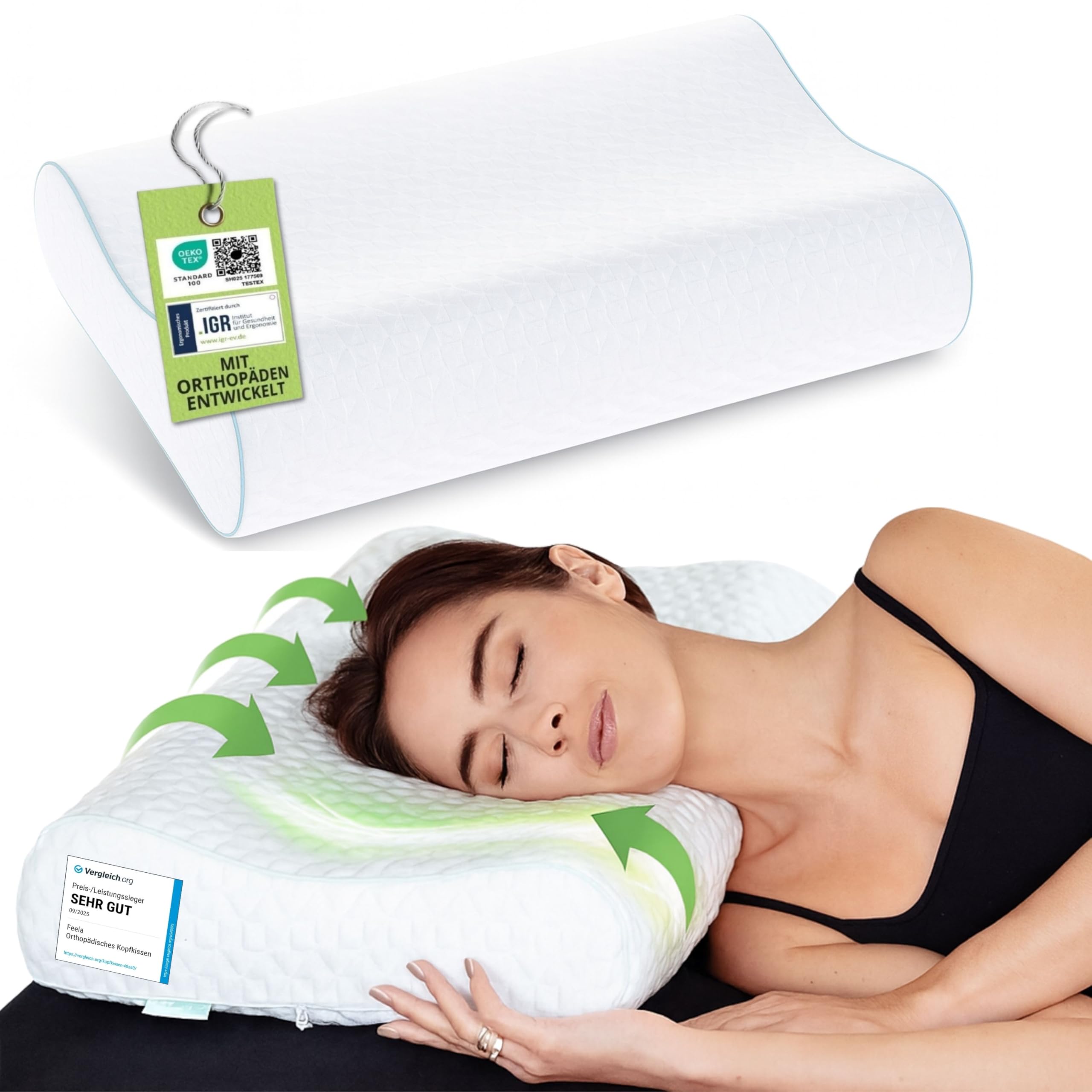 feela.® Orthopädisches Kopfkissen/Schlafkissen [3 Härtegrade] – Ergonomisches Memory Foam Nackenstützkissen gegen Nacken- und Schulterschmerzen, 80x40 cm Seitenschläferkissen (Groß, Fest)