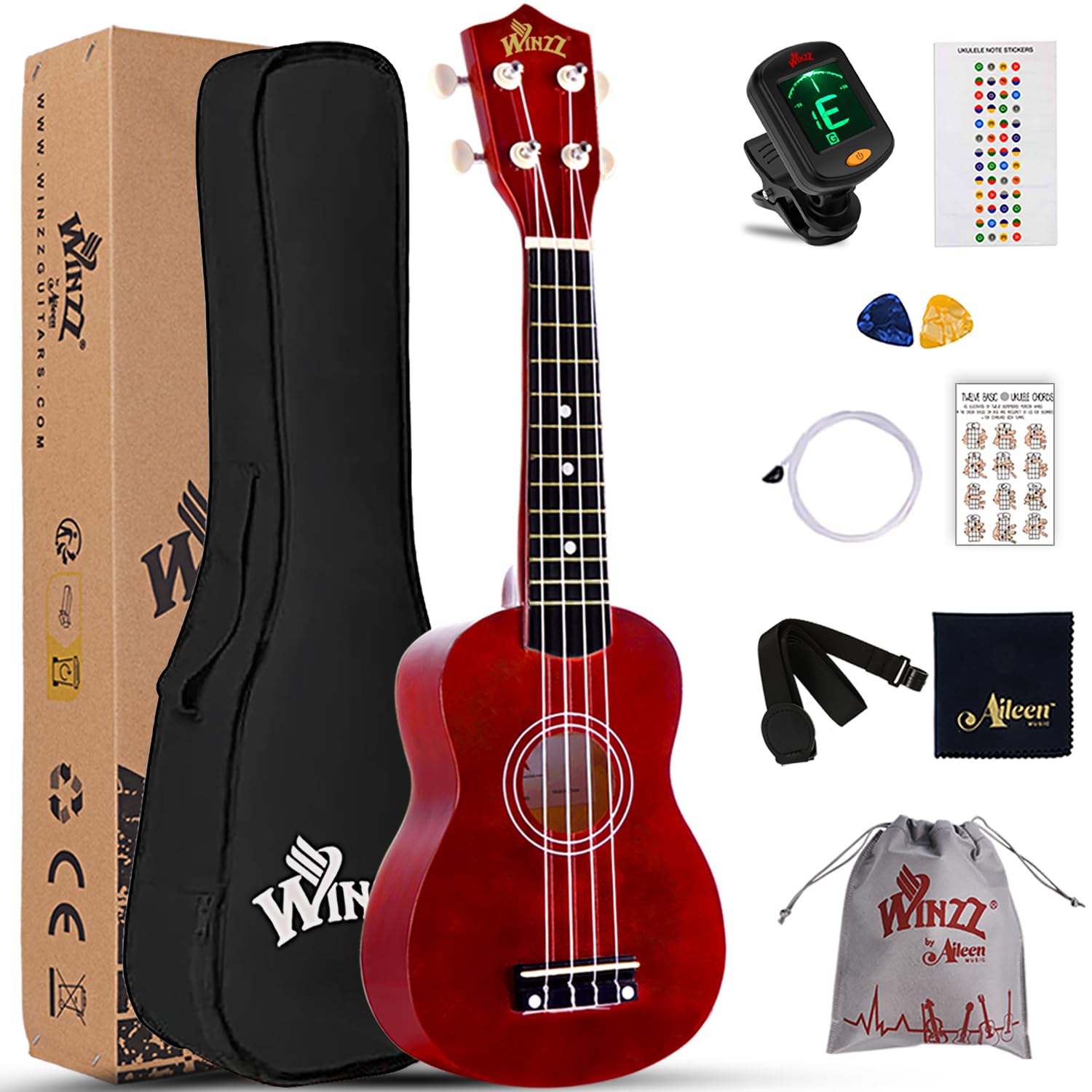 Winzz Ukulélé Soprano Kit de Démarrage pour Débutants avec Étui Souple Accordeur Amovible Cordes Supplémentaires Sangle Plectre Autocollants de Frette Carte d’accords Tissu de Polissage Marron