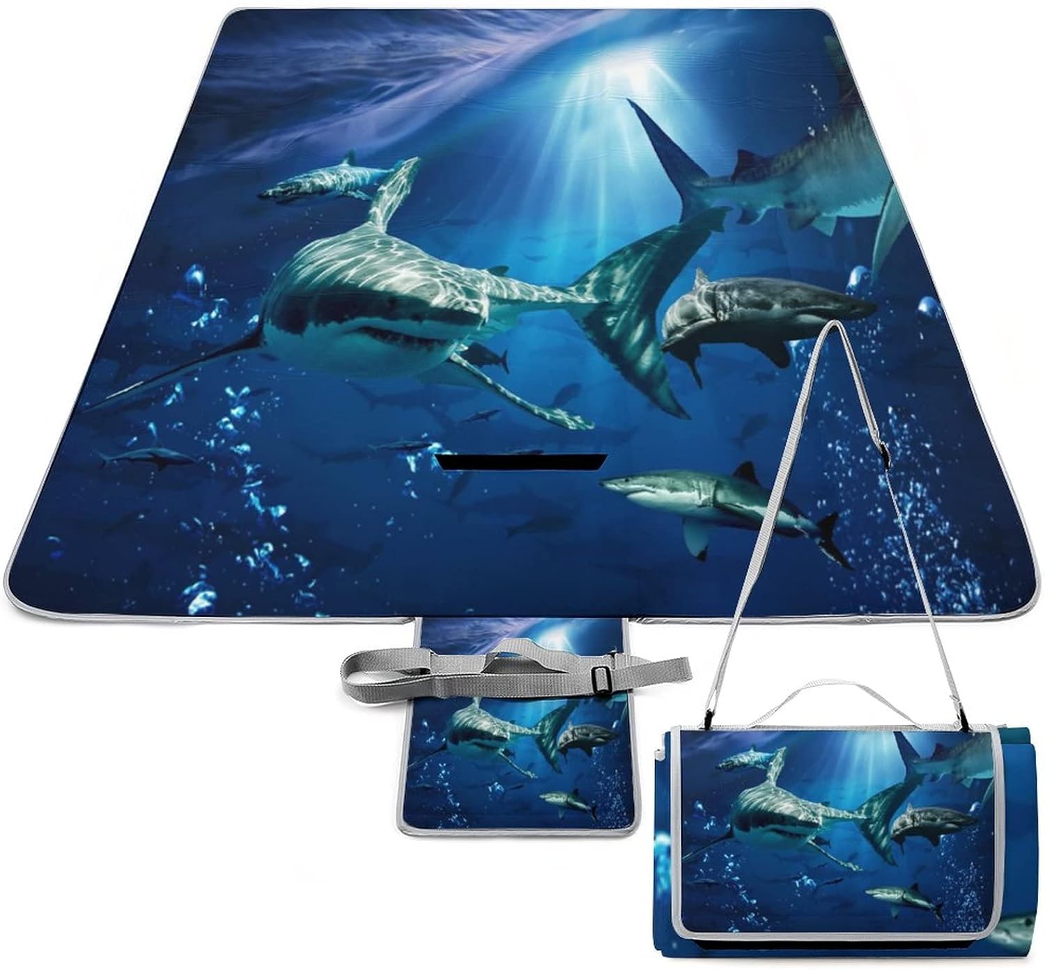 Cute Shark Navy Beach Picnic Blanket Underwater Wildlife Shark Pattern for Outdoor Picnics, Beach, Camping 58.3x58.3 Inch