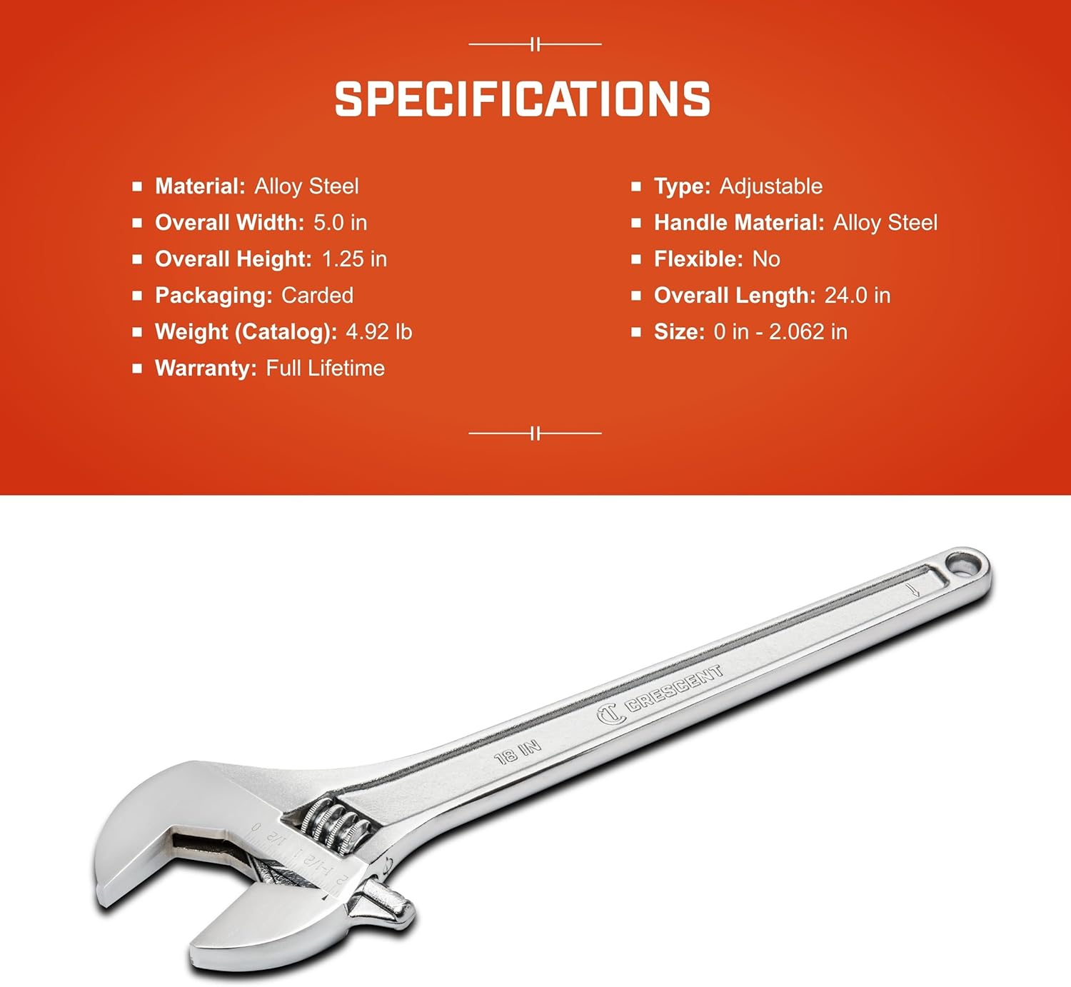 Crescent Adjustable Tapered Handle Wrench - Carded - Home Improvement, Garage & Mechanic Versatile Hand Tool - 18" - AC218VS