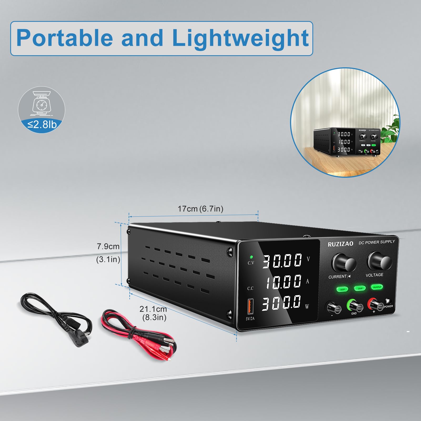 Alimentation de Laboratoire 30V 10A DC Bloc d'alimentation Réglable Alimentation Reglable Stabilisée, Affichage LED, Bouton de l'encodeur OCP, OVP, Commutateur de Sortie, Port USB 5V/2A