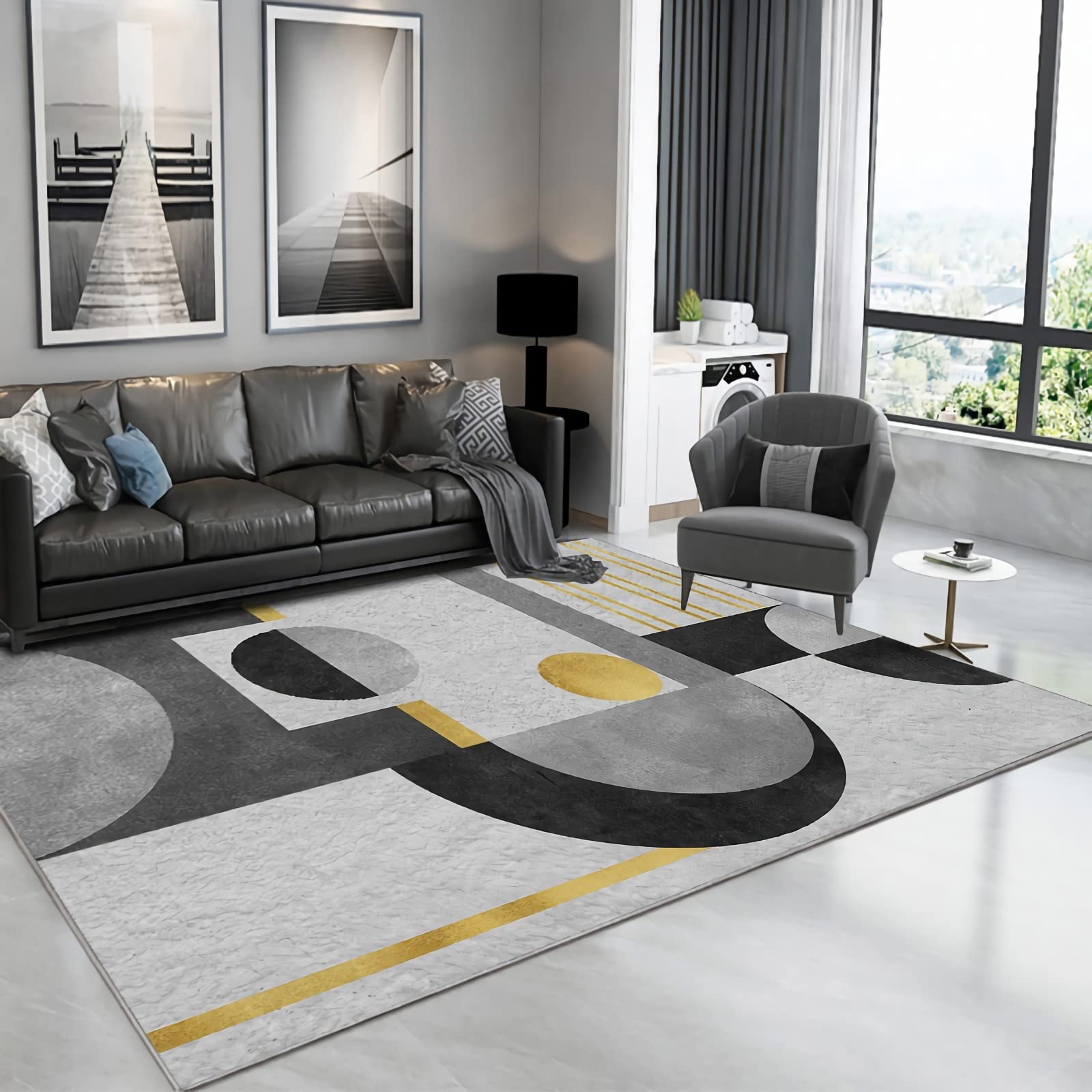 Tapis de chambre ado moderne jaune noir gris 180x250cm avec grand motif géométrique