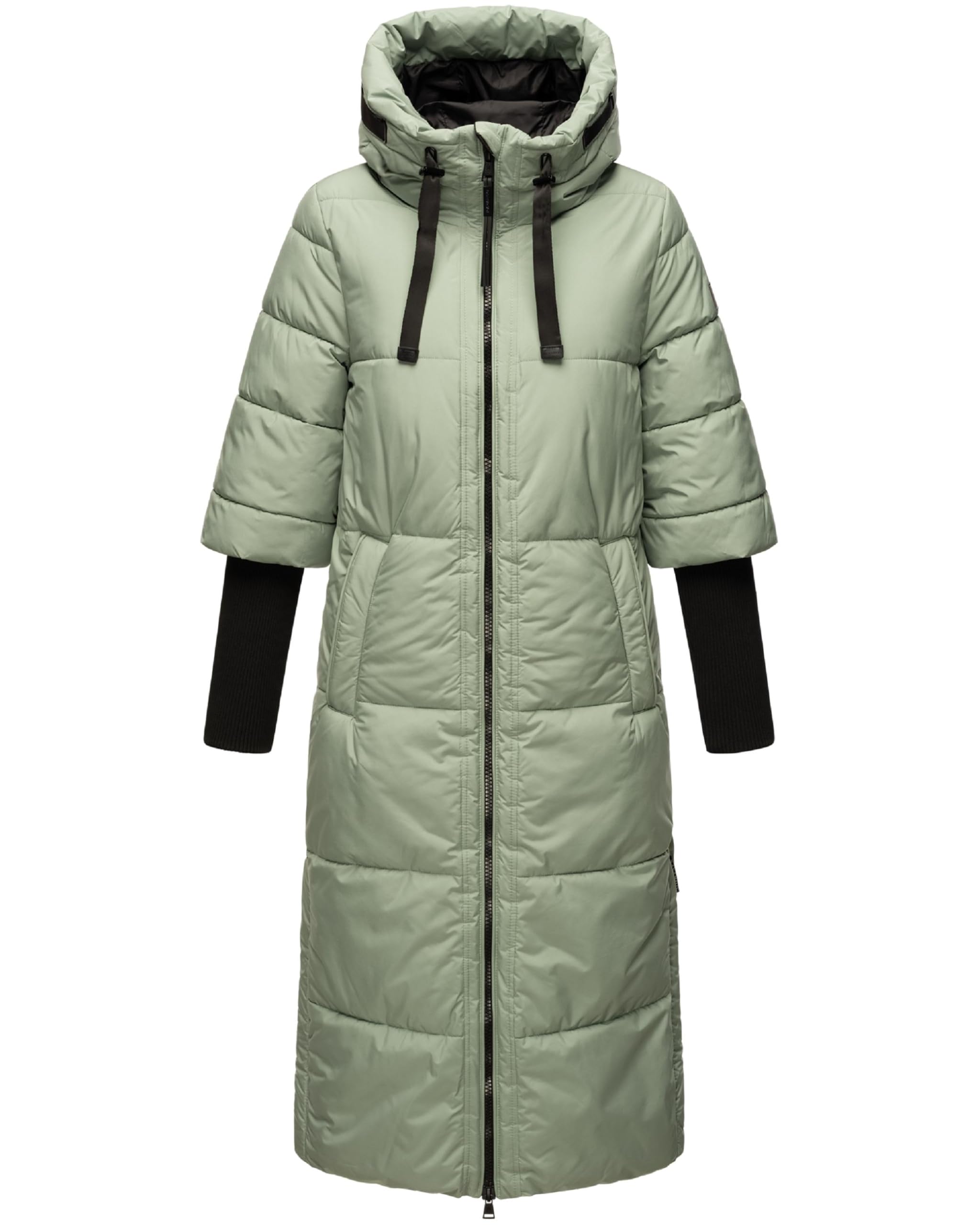 Navahoo Women's Smokey Mint Long Winter Coat, Warm Quilted Coat With Hood And Ribbed Knit Sleeves Ciao Miau Xiv Xs-3Xl, S