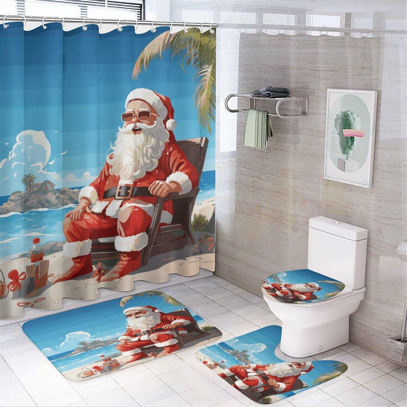 Rideau de douche Père Noël étanche avec 12 crochets et tapis de bain