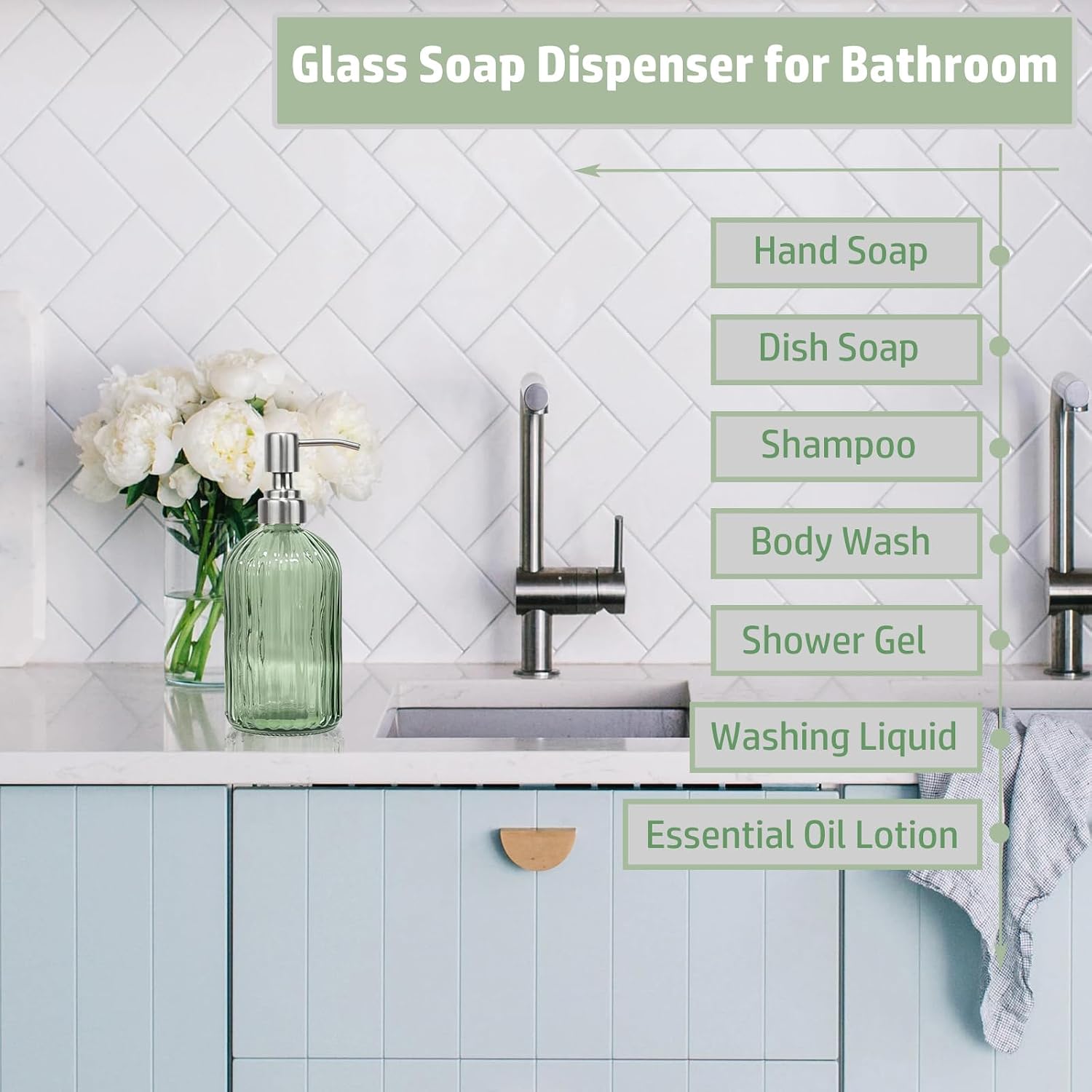 14Oz Green Glass Soap Dispenser Bathroom, Stainless Steel Pump, Stripe