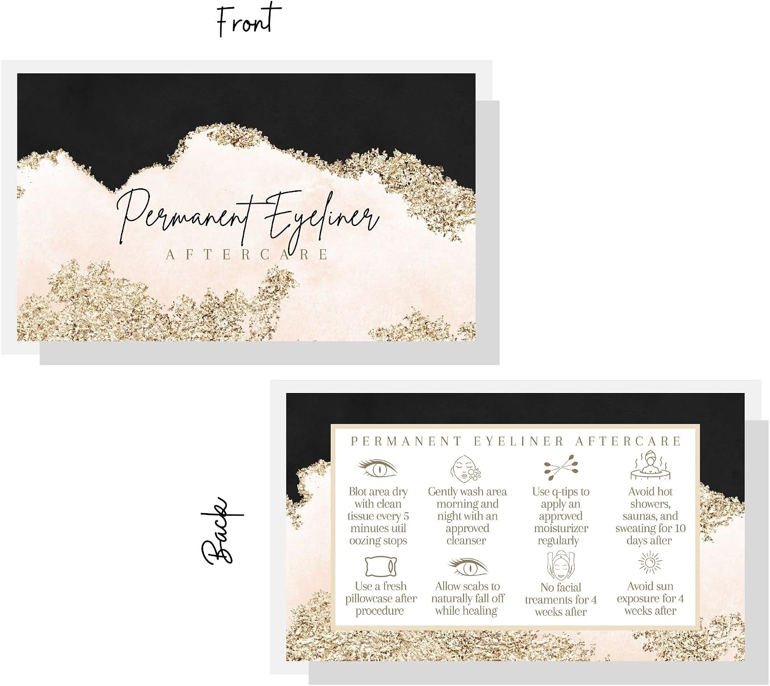 Permanent Eyeliner Aftercare Instruction Cards | 50 pack | 2x3.5” inch Business Card Size | PMU Supplies | Black, Pink and Gold Design